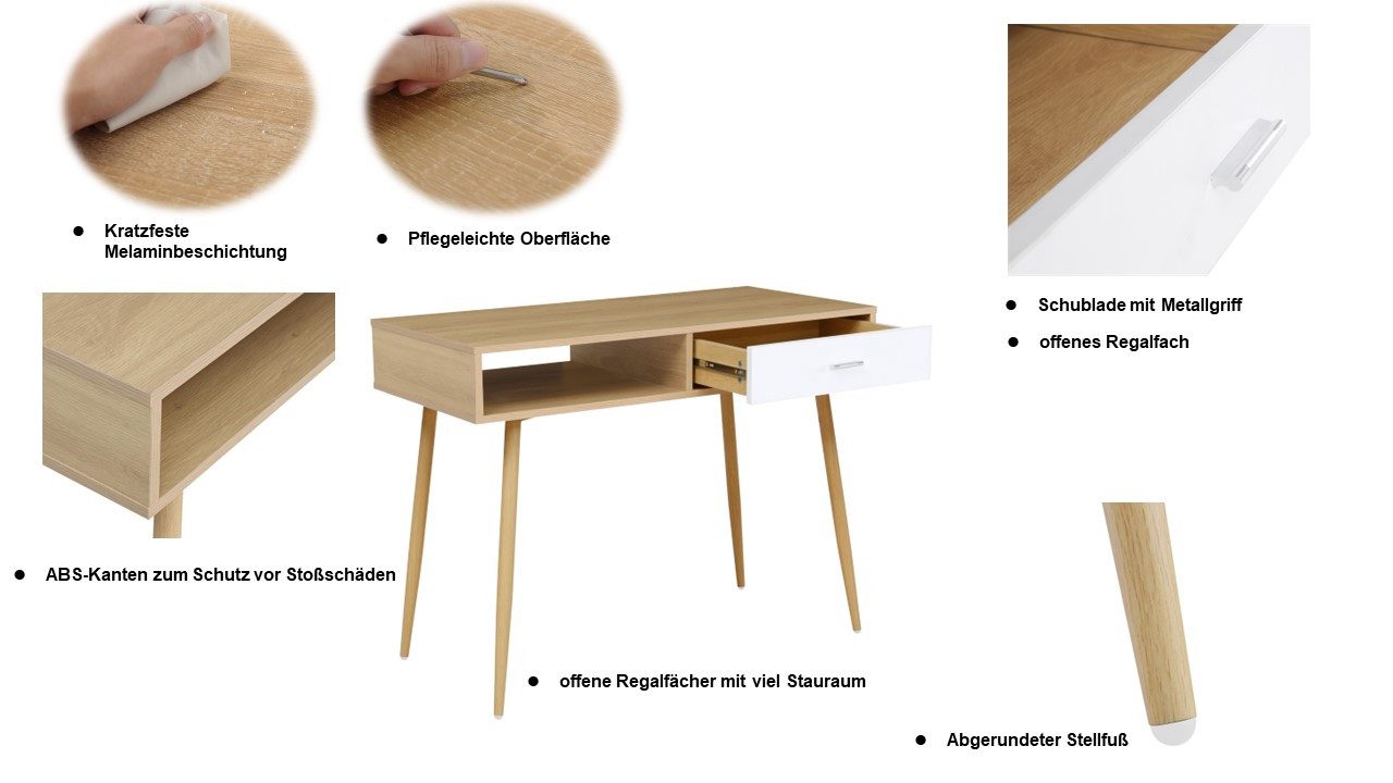 INOSIGN Bureau Tuuri in scandi-look, 1 lade met metalen handvat, abs-randen, breedte 100 cm