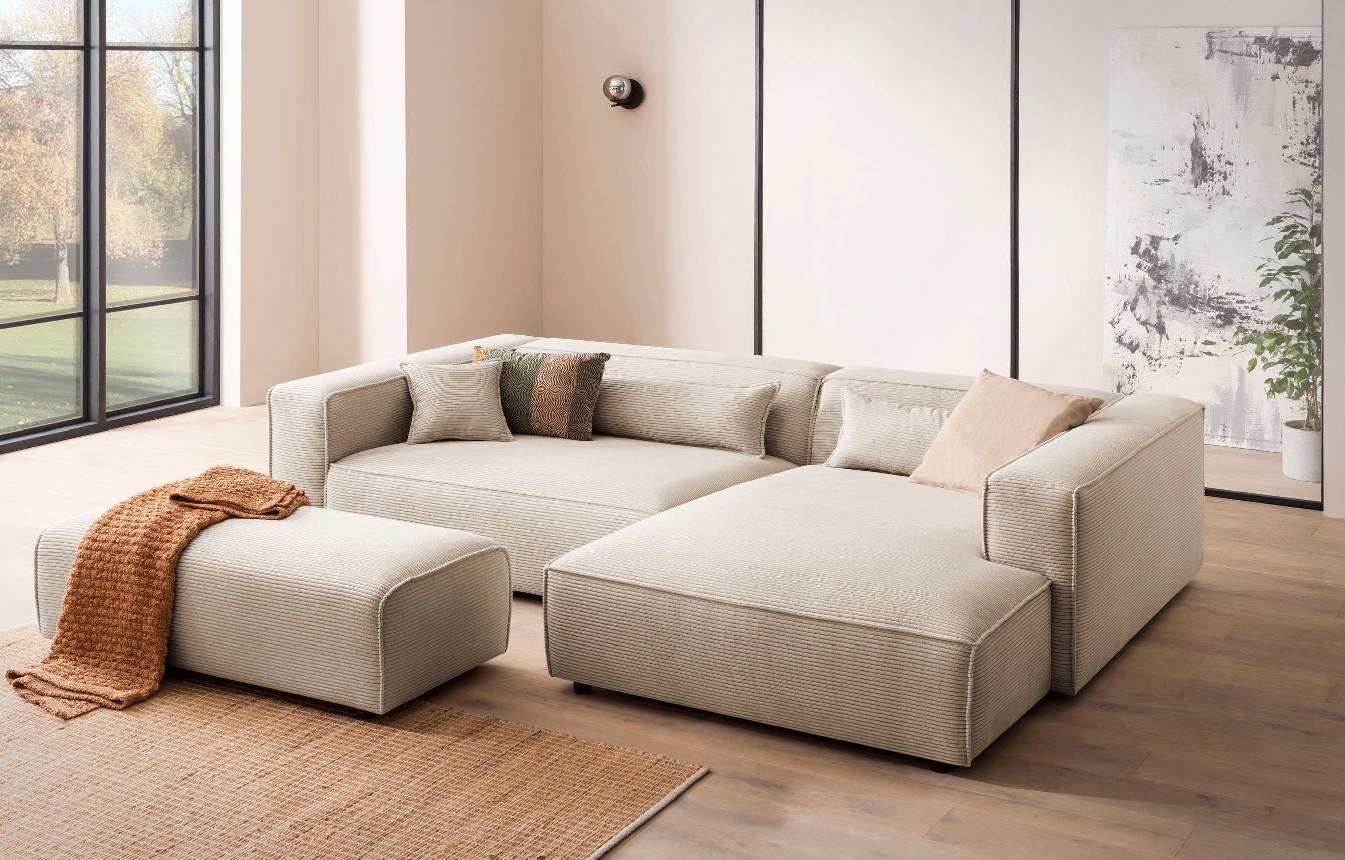 LeGer Home by Lena Gercke Hocker PIARA, poef met biesnaad in cord of linnenlook bij de serie piara, rechthoekig, zwarte voeten, comfortabel zitcomfort