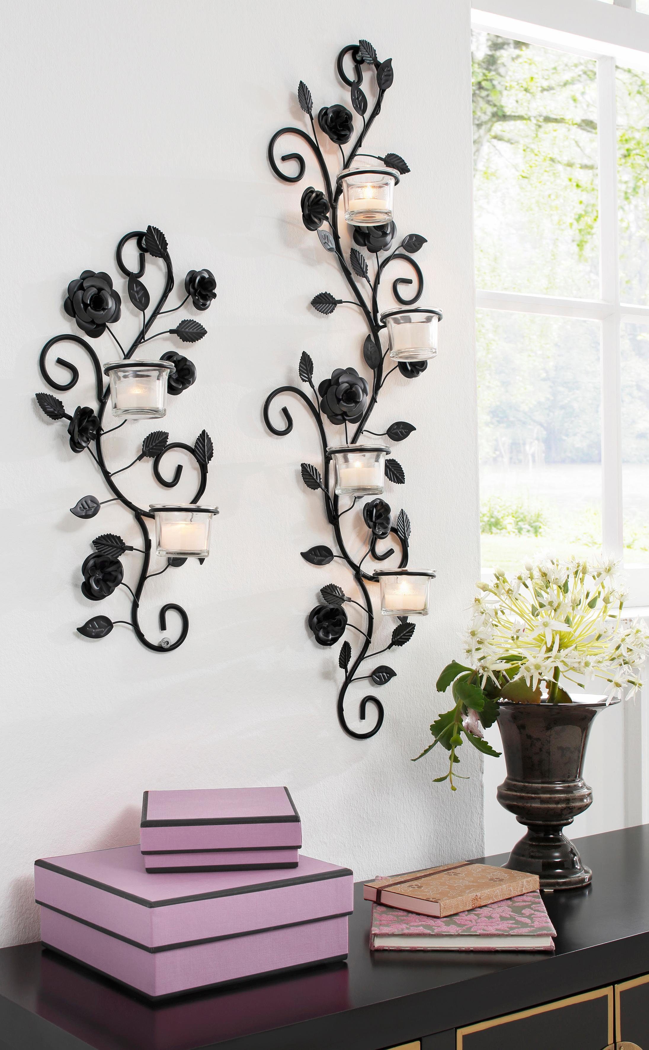 Home affaire Wandkaarsenhouder Bloemenrank, zwart Landhuis, metaal, glas, zwart antiek