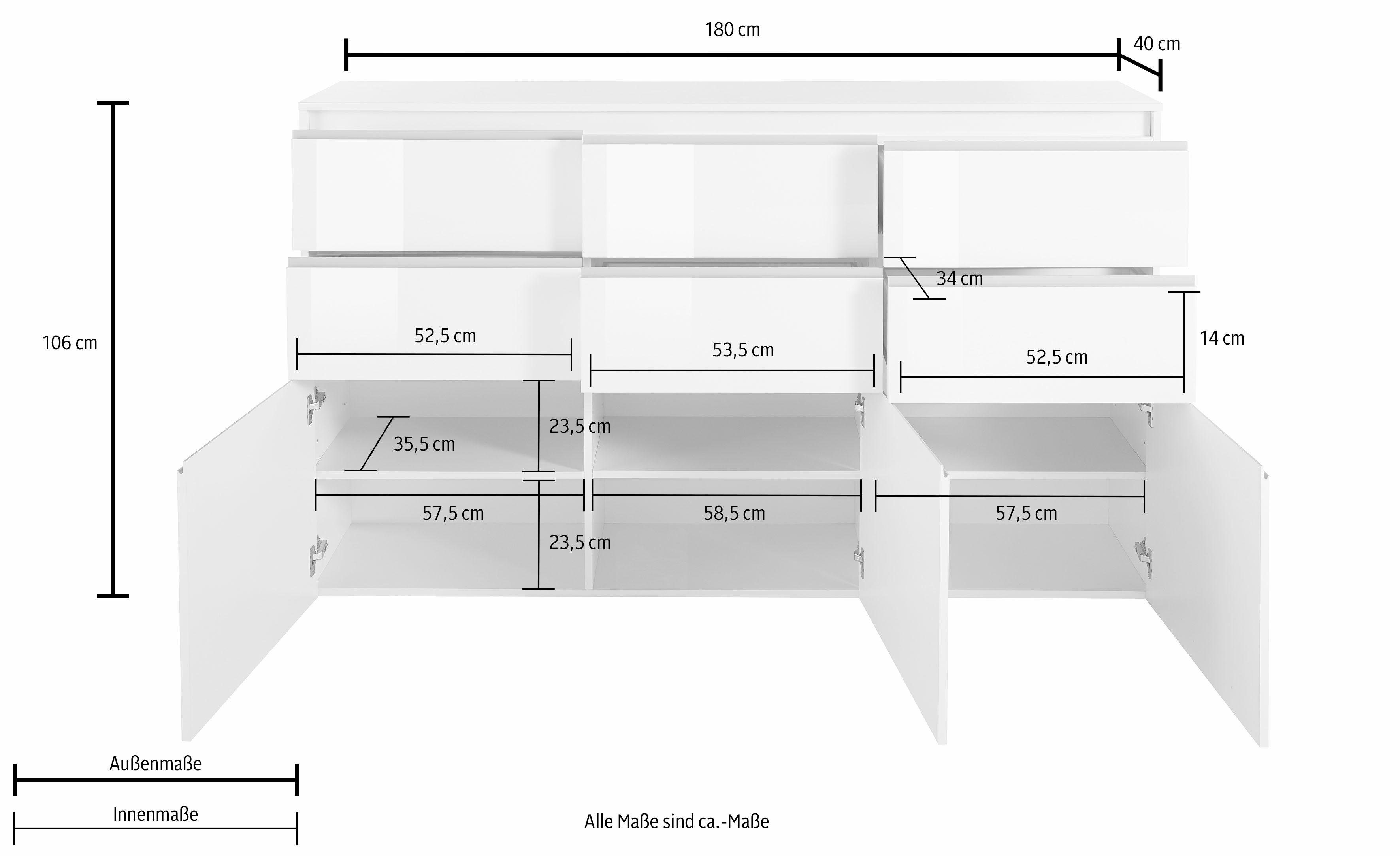 INOSIGN Highboard Magic, highboard, hoge kast, hoge commode met 3 deuren en 6 lades, hoogglans gelakt, breedte 180 cm