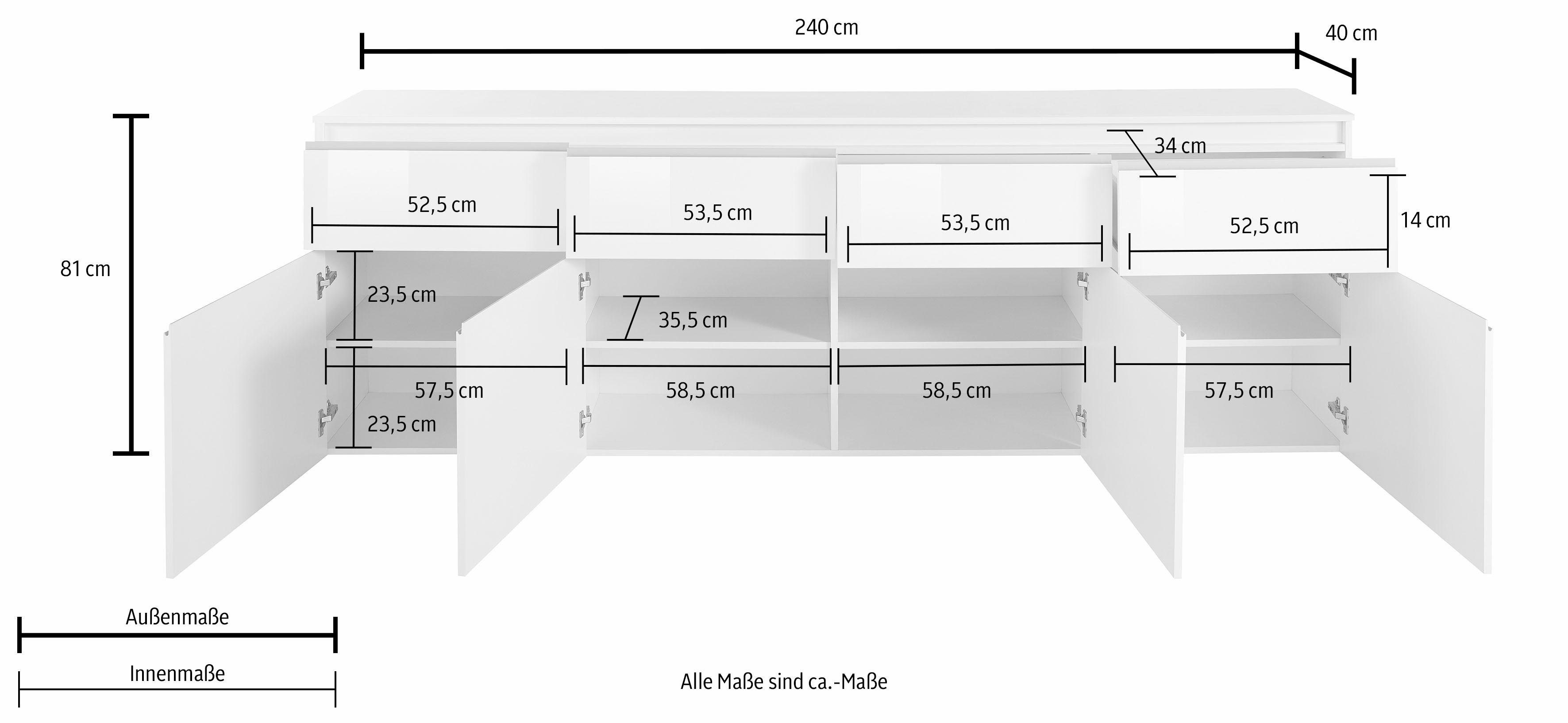 INOSIGN Dressoir Magic, commode, kast, dressoir met 4 deuren, 4 lades en aluminiumkleurige softgrepen, breedte 240 cm