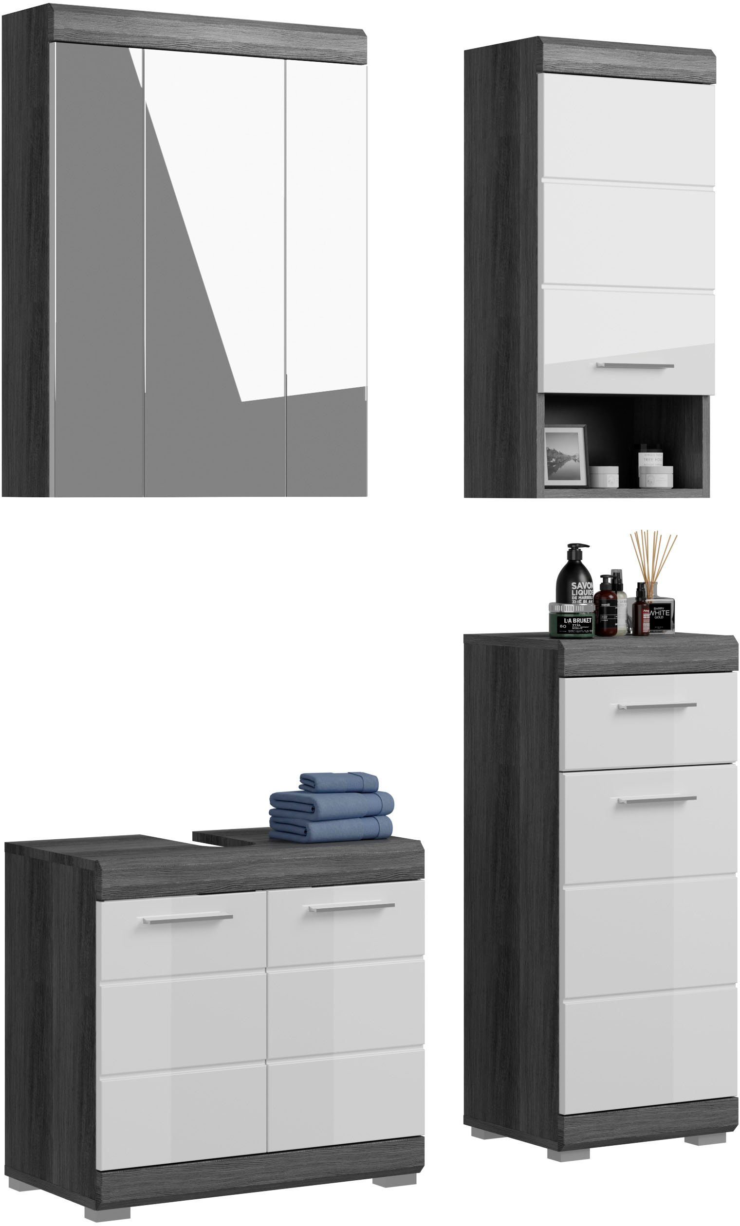 inosign badkamerserie siena spiegelkast, wastafelonderkant, wandkast, onderkast (set, 4-delig) grijs