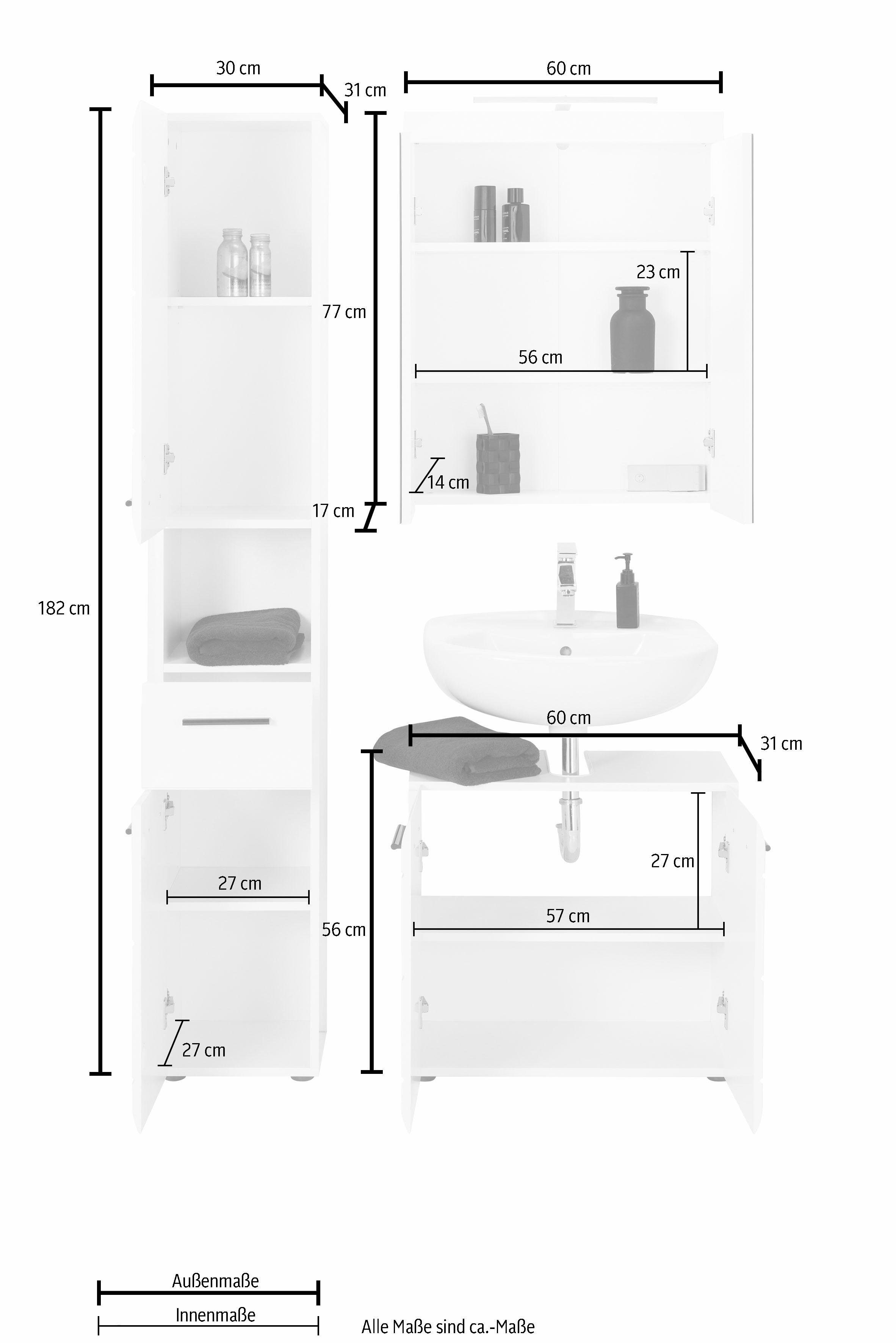 INOSIGN Badkamerserie Sovana Badkamermeubels - Spiegel met verlichting, hoge kast en wastafel (set, 3-delig)