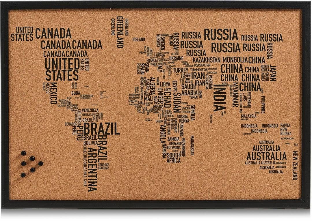 Zeller Present Prikbord World letters rechthoekig, van kurk, motief wereldkaart