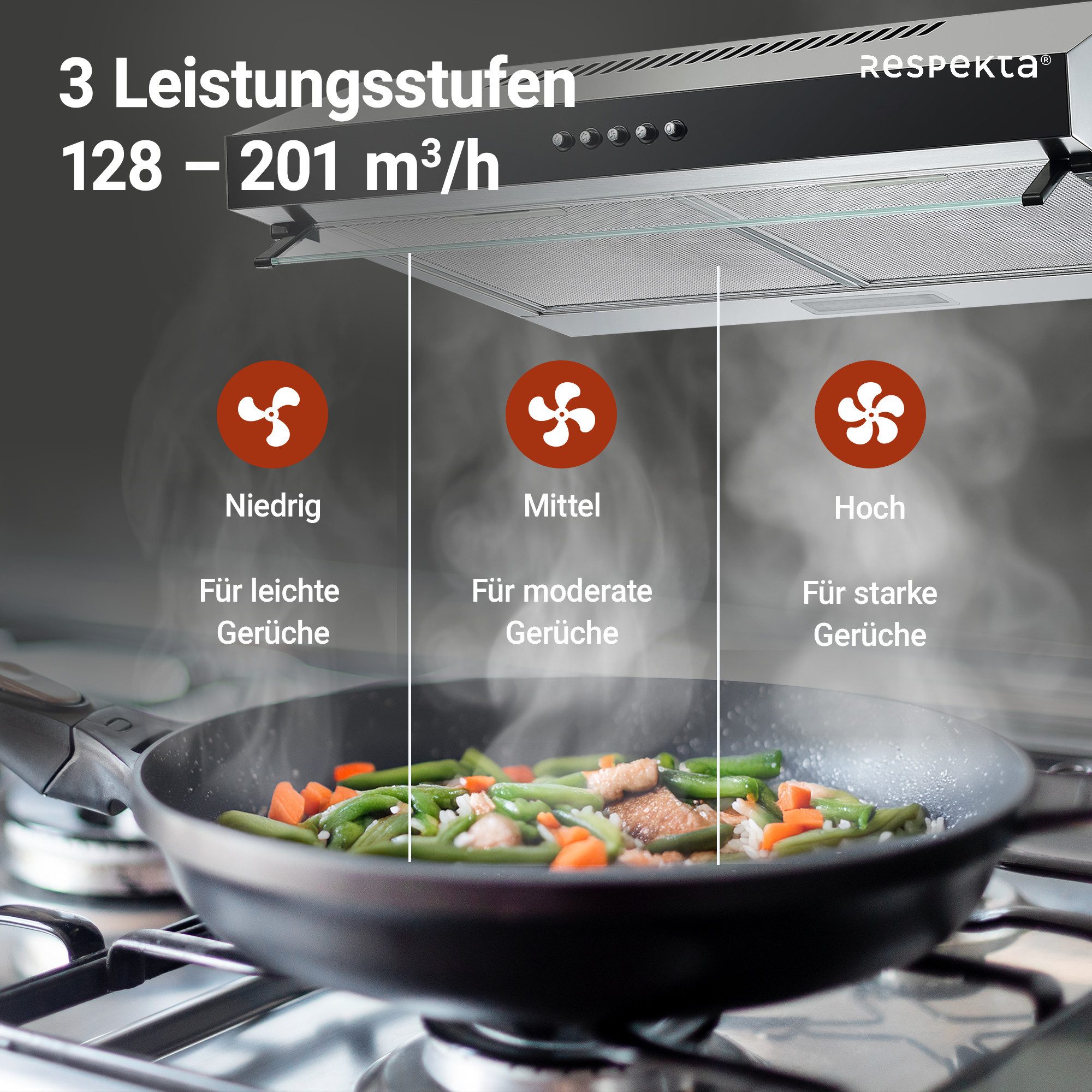 RESPEKTA Onderbouwkap CH 16060 SGB 60 cm, 3 vermogensniveaus, led-verlichting, geschikt voor afzuiging en recirculatie