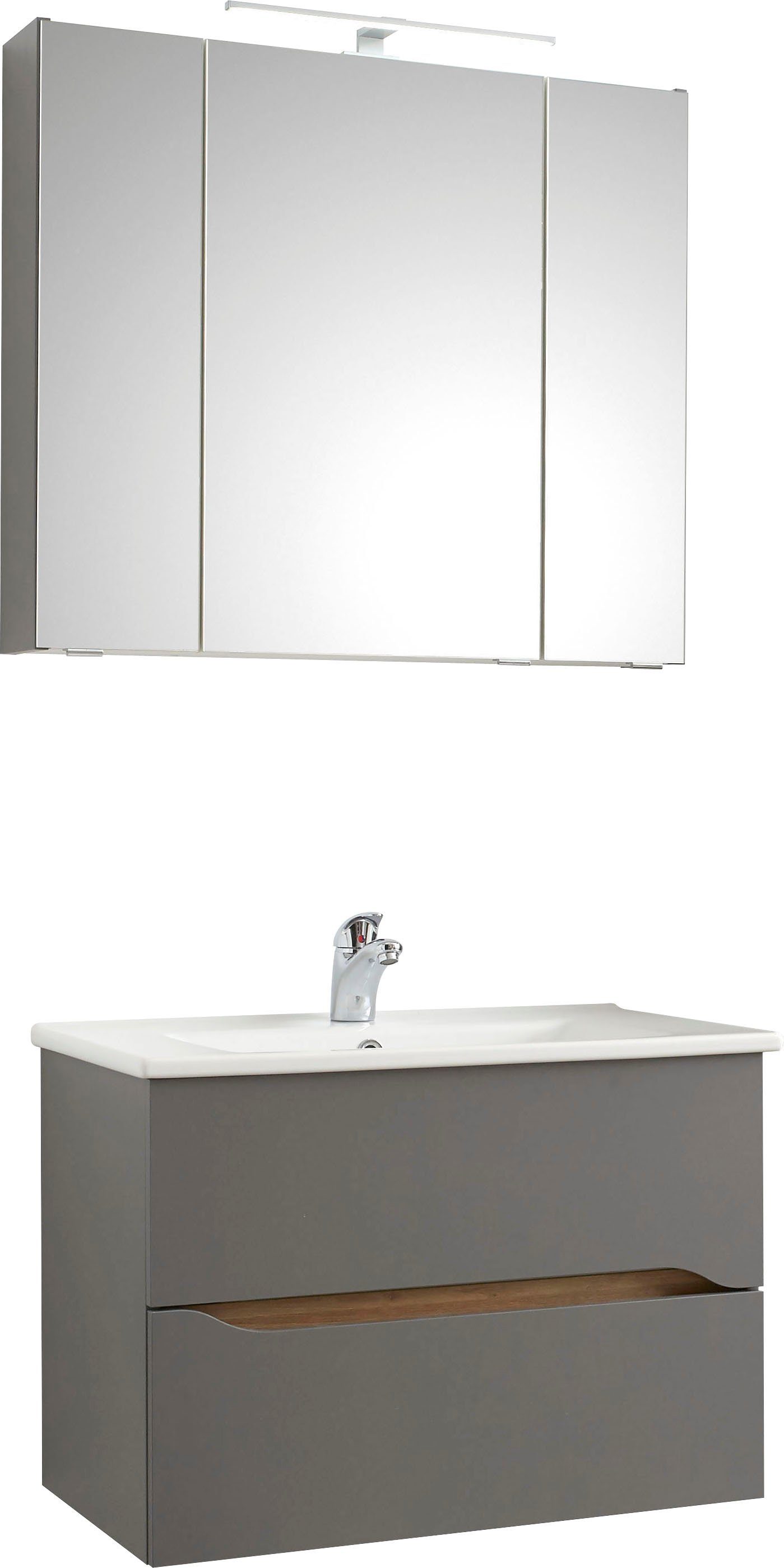 Saphir Badkamerserie Quickset 2-delig, keramische wastafel met LED-spiegelkast (2-delig) badmeubelsets grijs