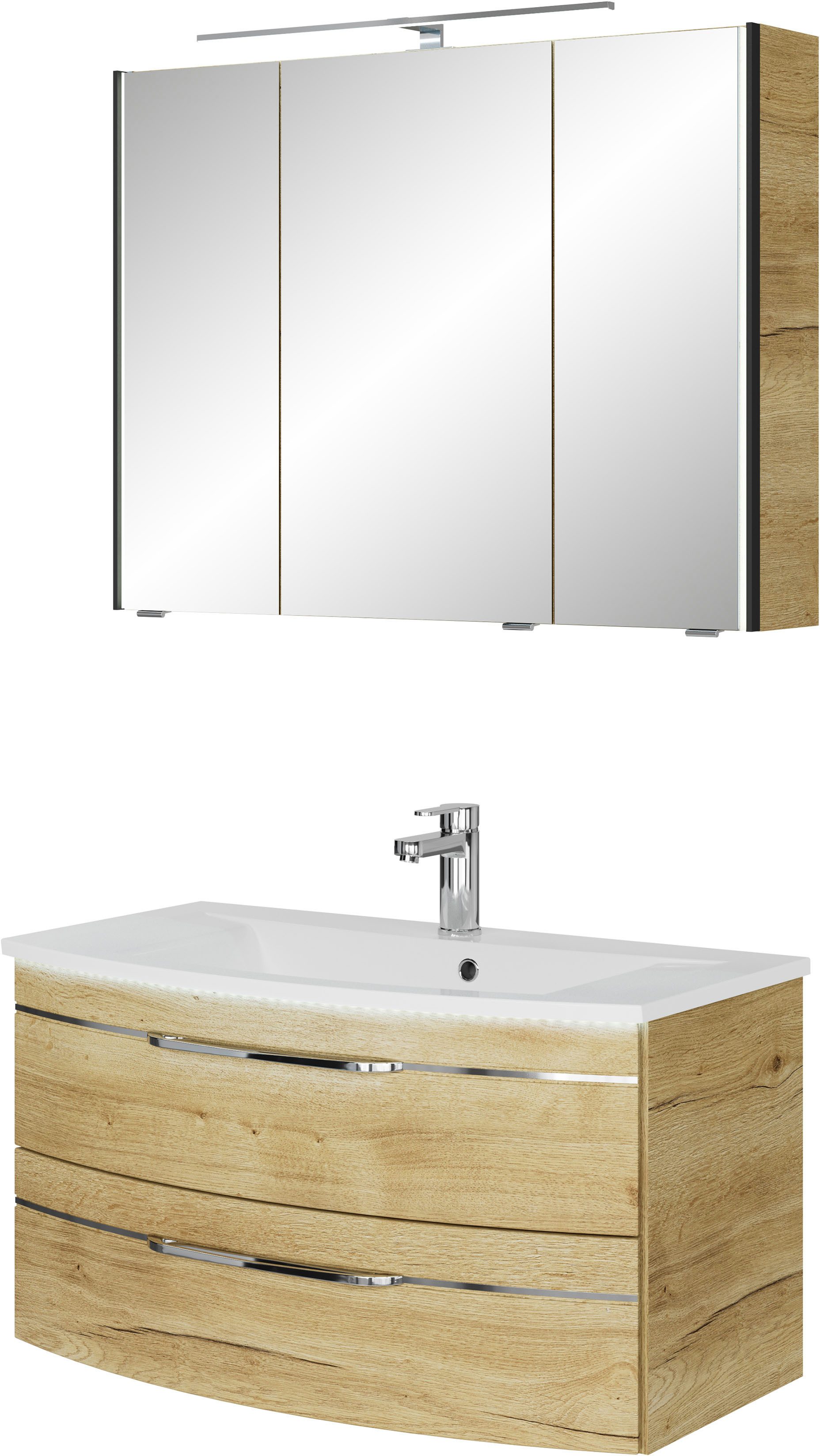 Saphir Badmeubelset Serie 7045 2-delig, mineraalmarmeren wastafel met led-spiegelkast (set, 2 stuks) badmeubelsets bruin