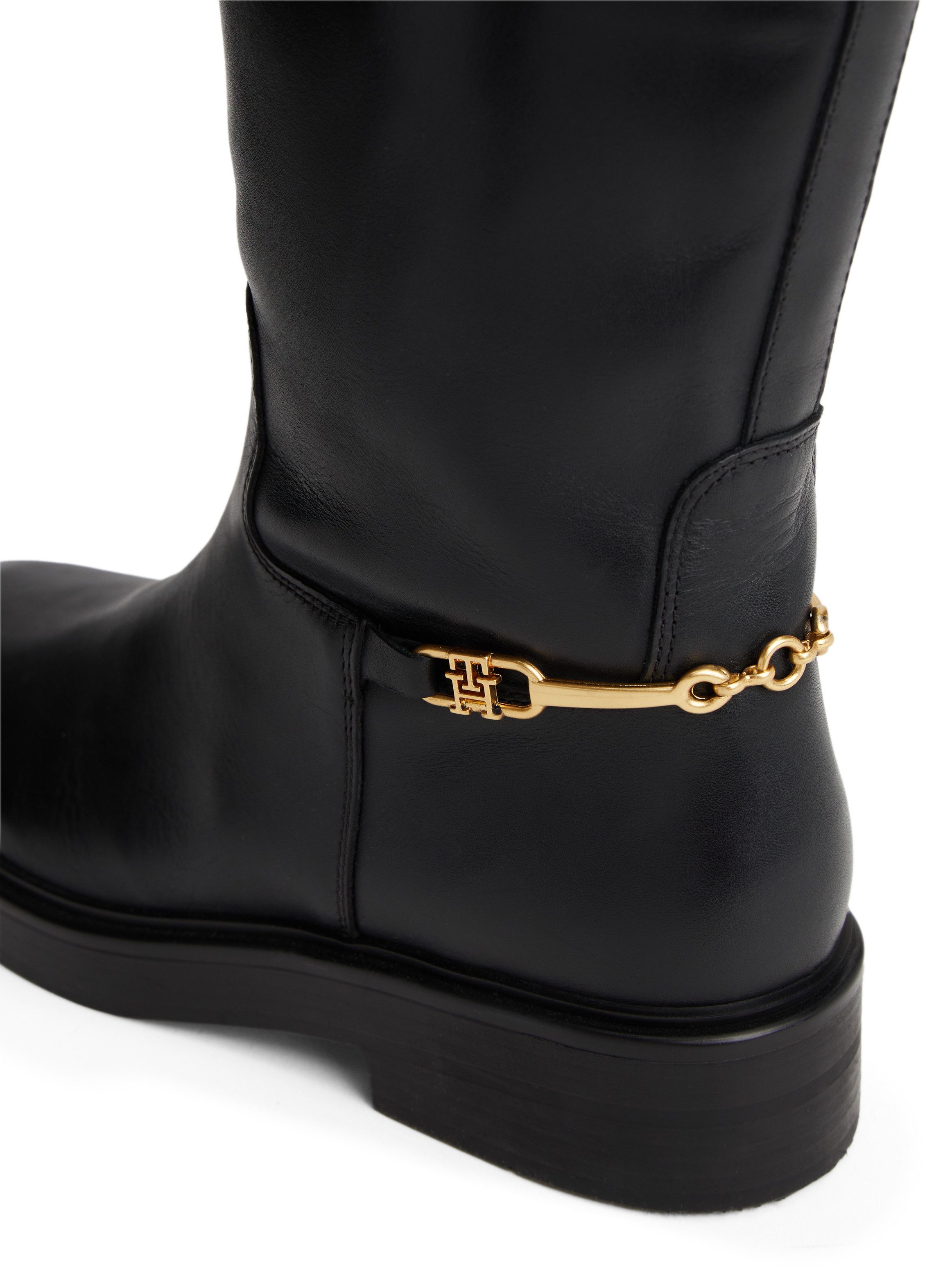 Tommy Hilfiger Laarzen TH HORSEBIT RIDING LONG BOOT , blokhak, lange laarzen, goudkleurige sierketting op de hiel
