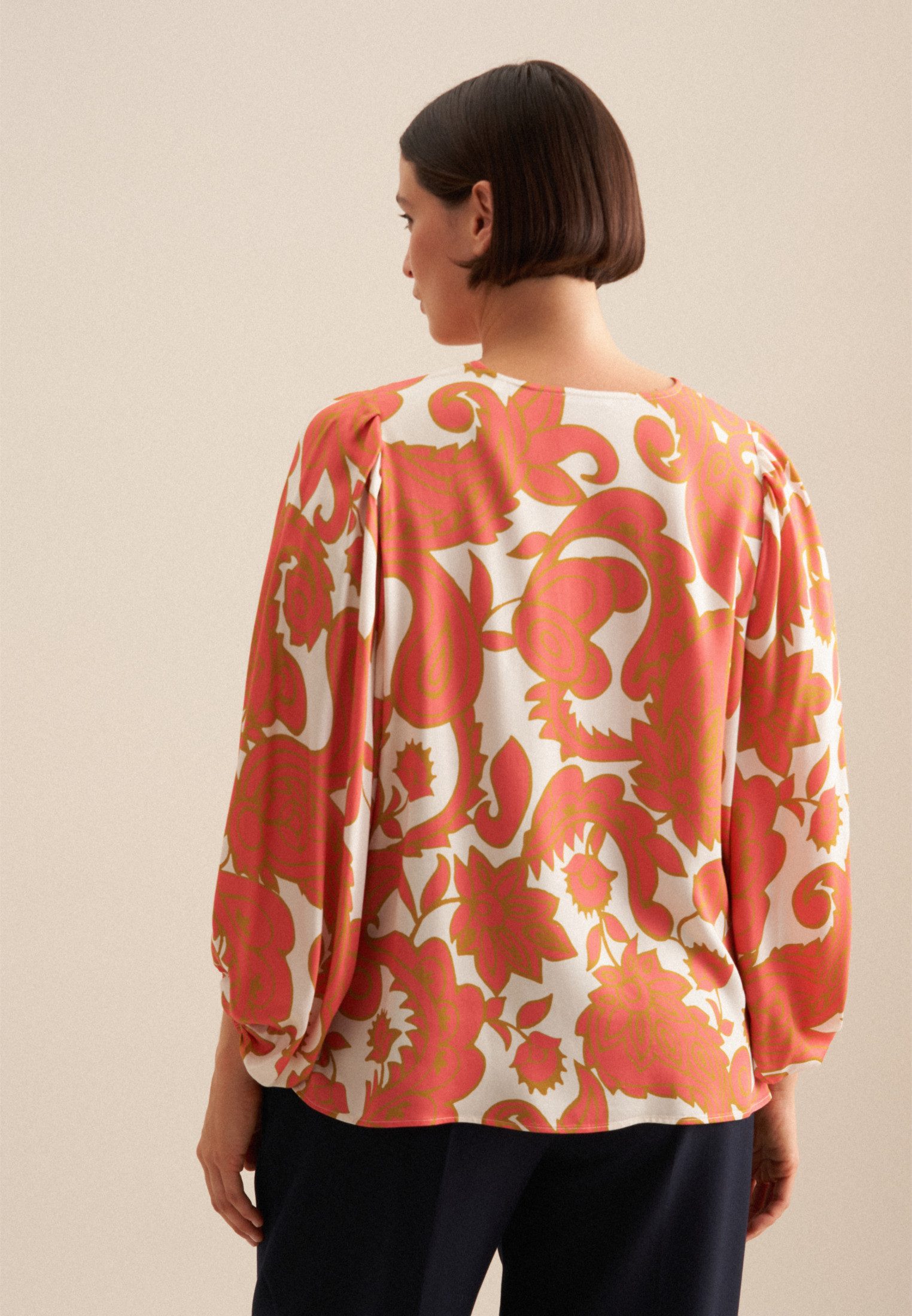 seidensticker Shirtblouse Zwarte roos 3/4-mouw v-hals paisley