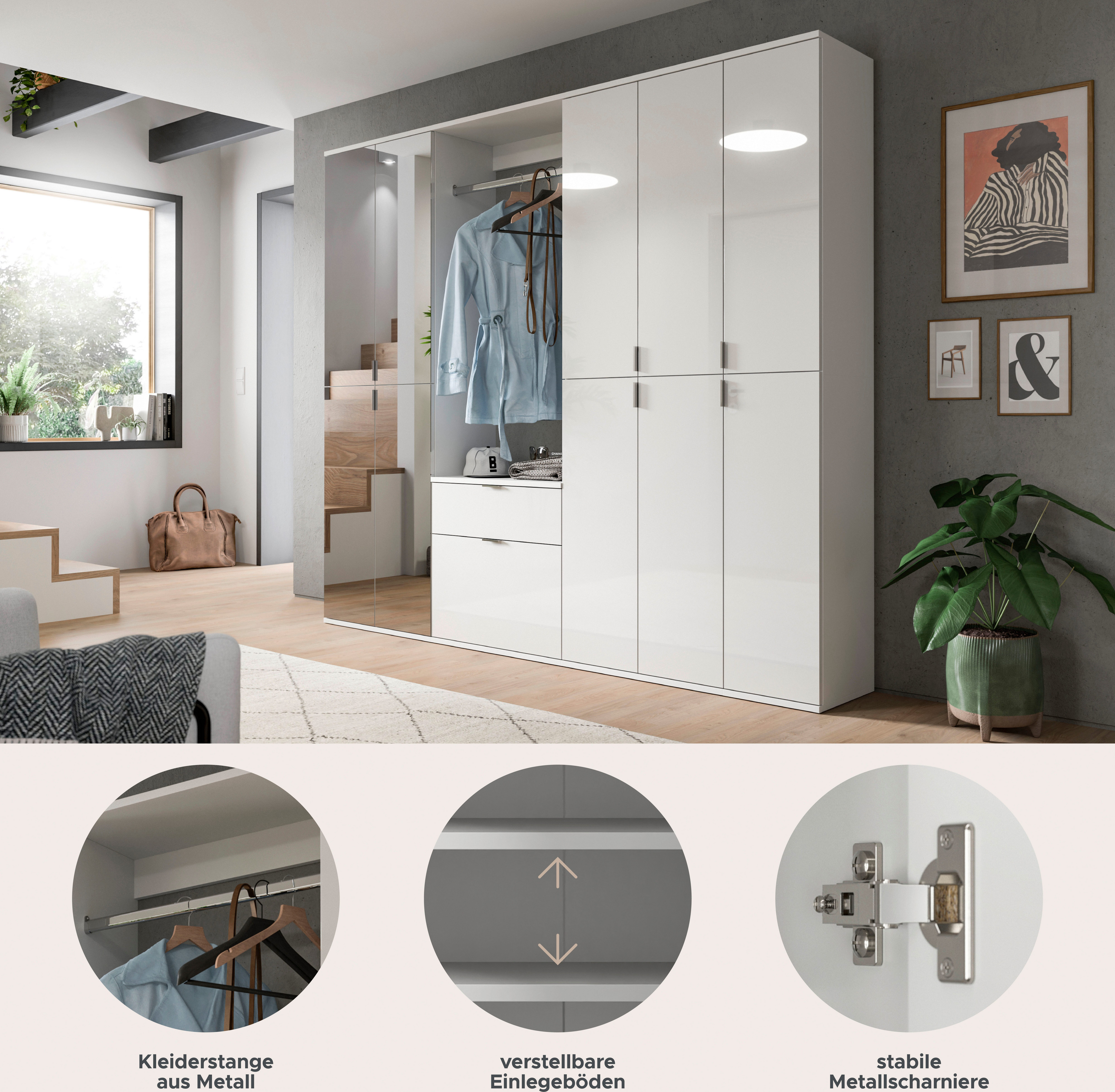 INOSIGN Halmeubelset Trondheim, Breedte 213 cm, 6-delig, bestaande uit: 3x garderobekast, 1 commode, 1 kledingstang, 1 legplank (set, 5-delig)