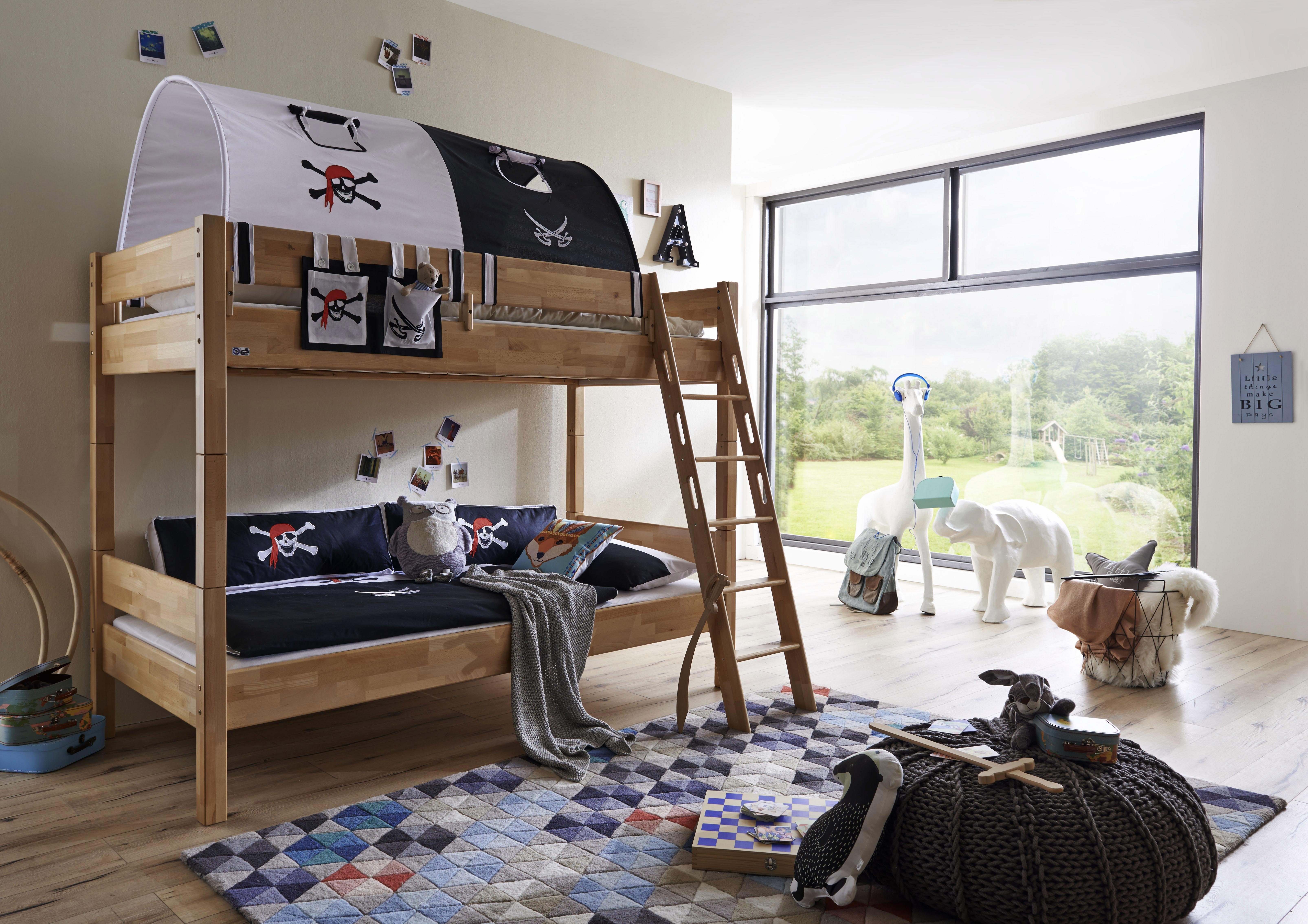 Relita Stapelbed Stefan incl. oprolbaar lattenbodem, met ladder en valbeveiliging, textiel set, beuken stapelbedden multicolor