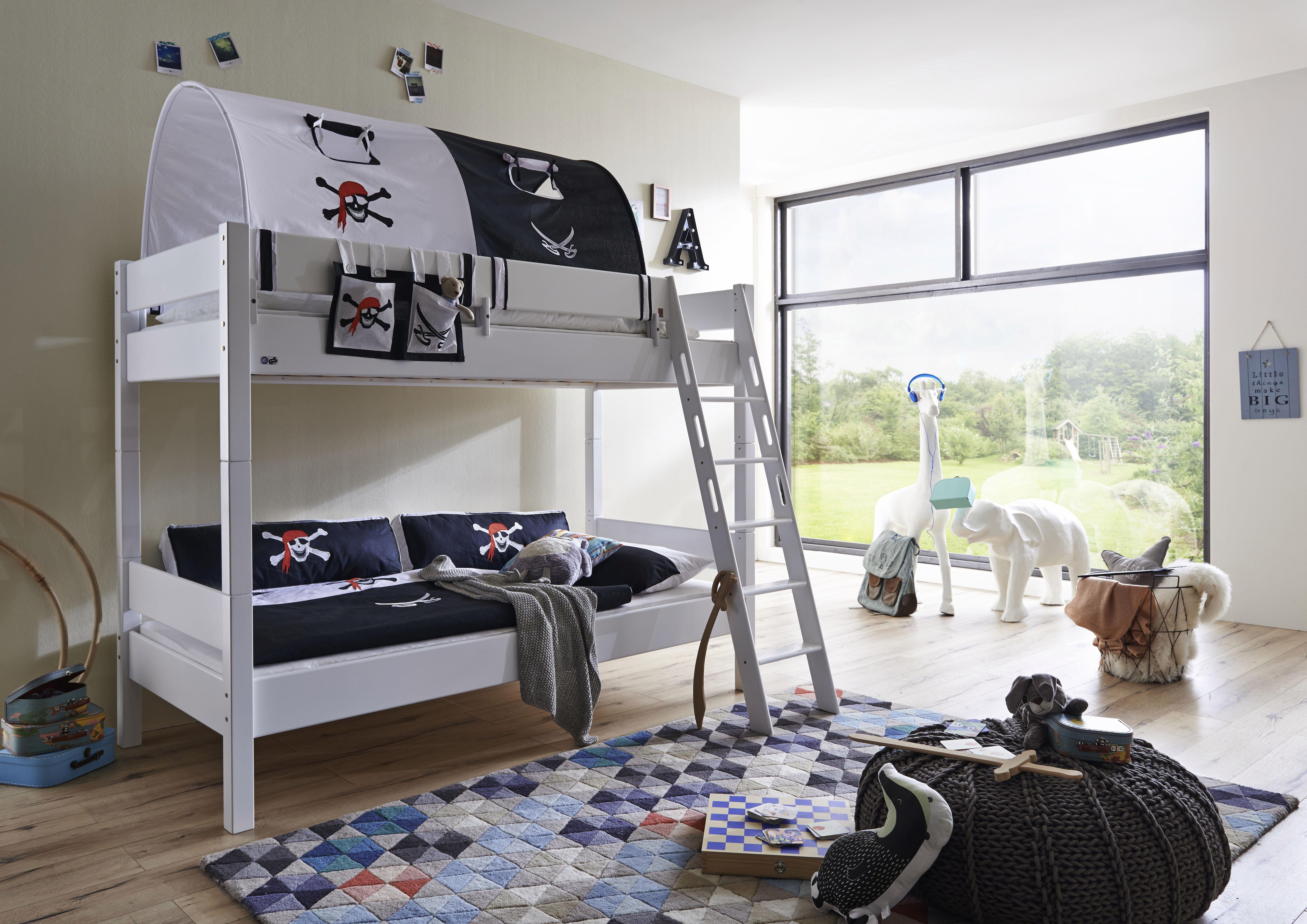 Relita Stapelbed Stefan incl. oprolbaar lattenbodem, met ladder en valbeveiliging, textiel set, beuken