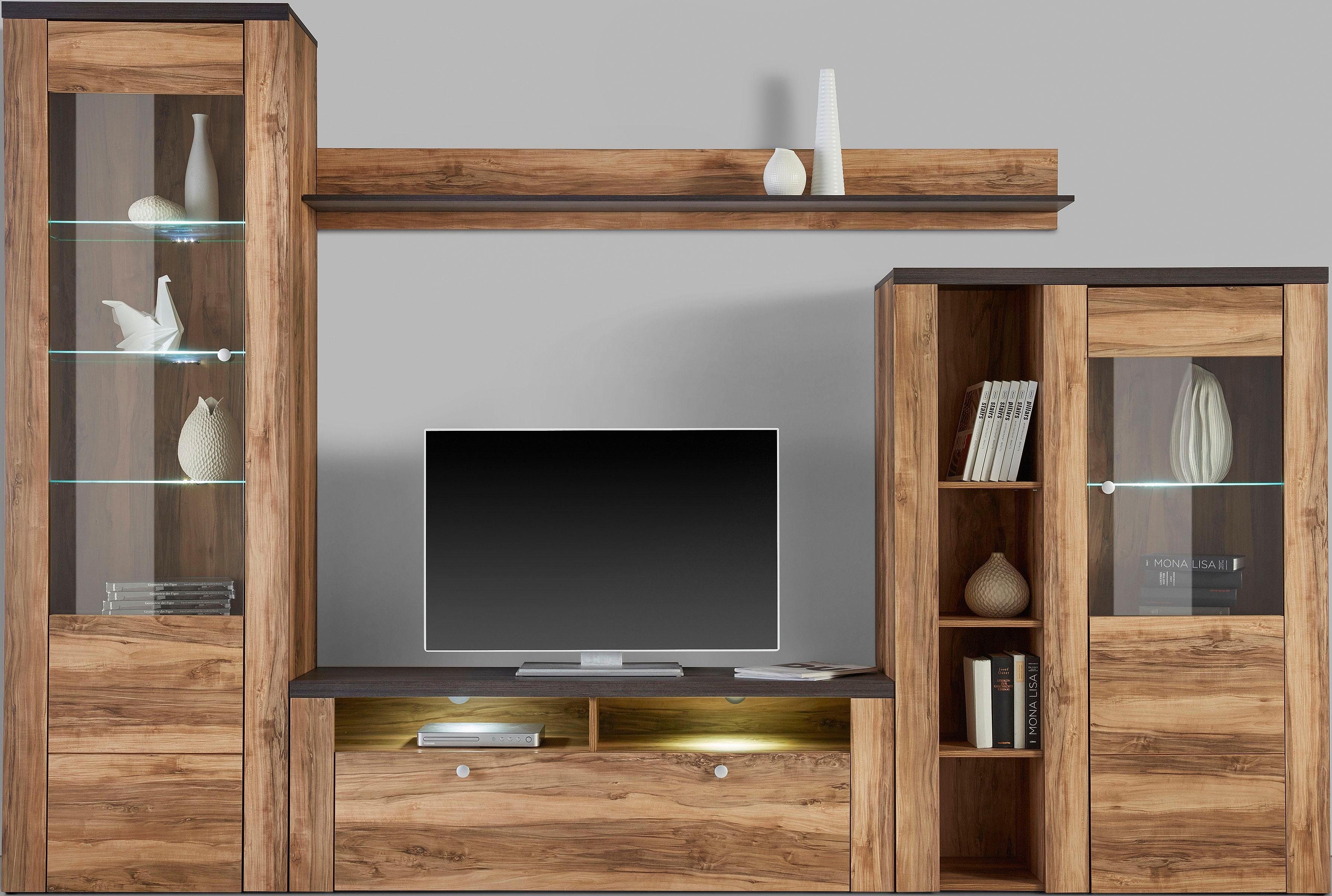 Home affaire Wandmeubel Larona, aanbouwwand, set van 4 delen bestaande uit 1 tv-board, 1 highboard, 1 vitrine, 1 wandplank (set, 4 stuks)