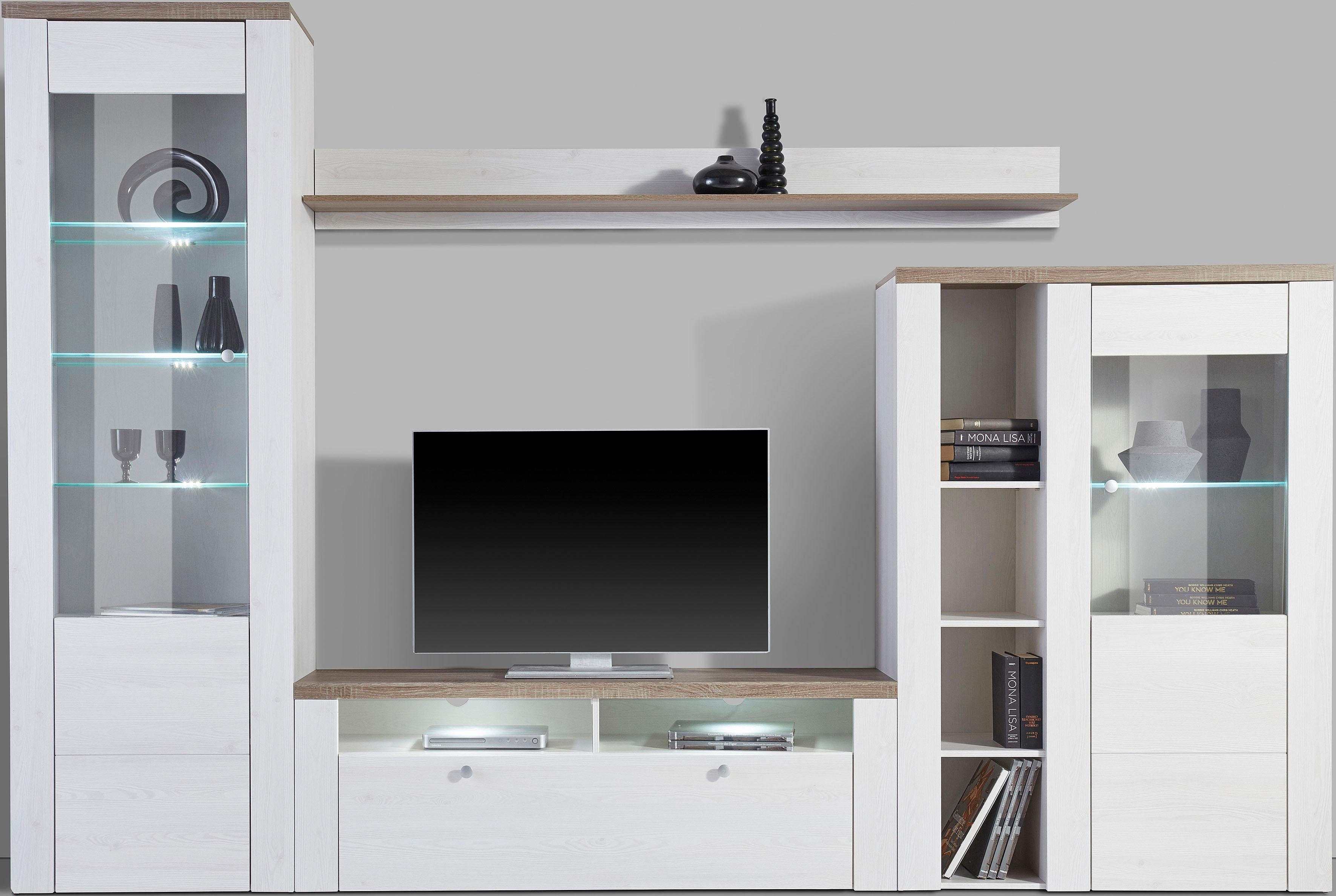 Home affaire Wandmeubel Larona, aanbouwwand, set van 4 delen bestaande uit 1 tv-board, 1 highboard, 1 vitrine, 1 wandplank (set, 4 stuks)