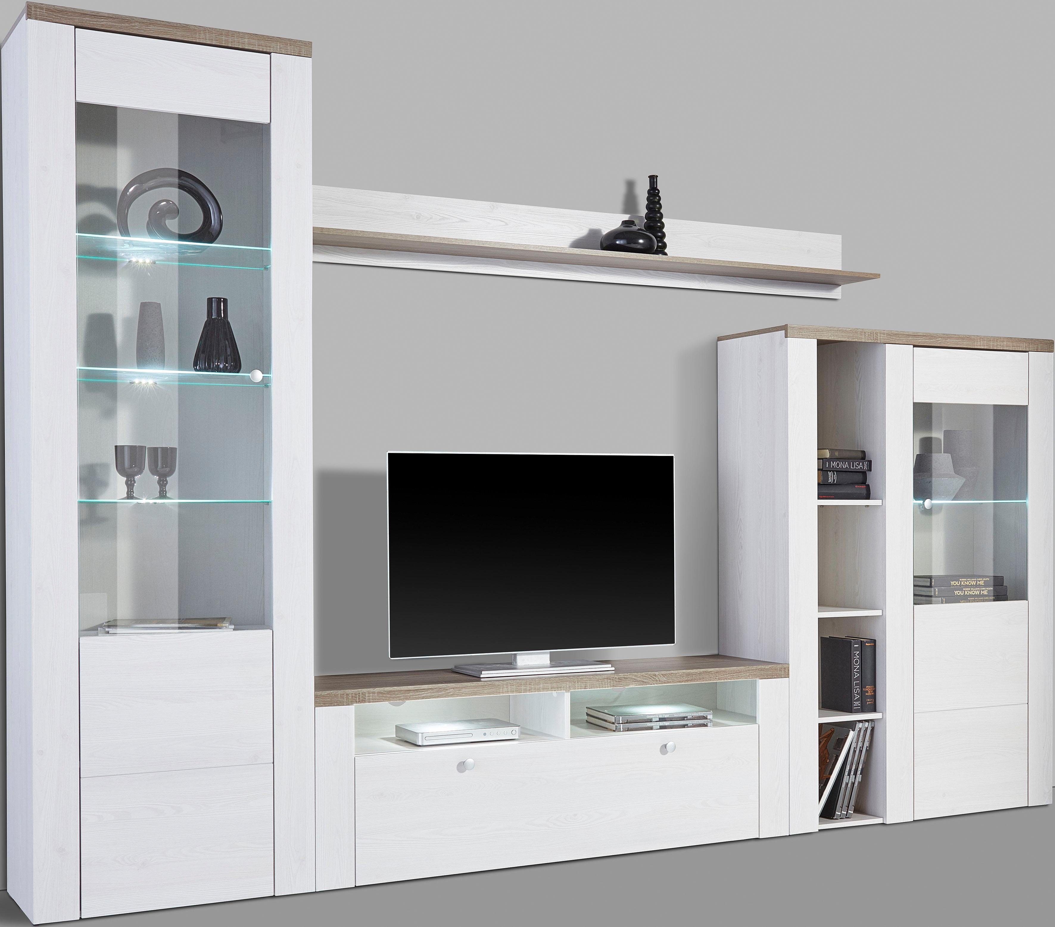 Home affaire Wandmeubel Larona, aanbouwwand, set van 4 delen bestaande uit 1 tv-board, 1 highboard, 1 vitrine, 1 wandplank (set, 4 stuks)