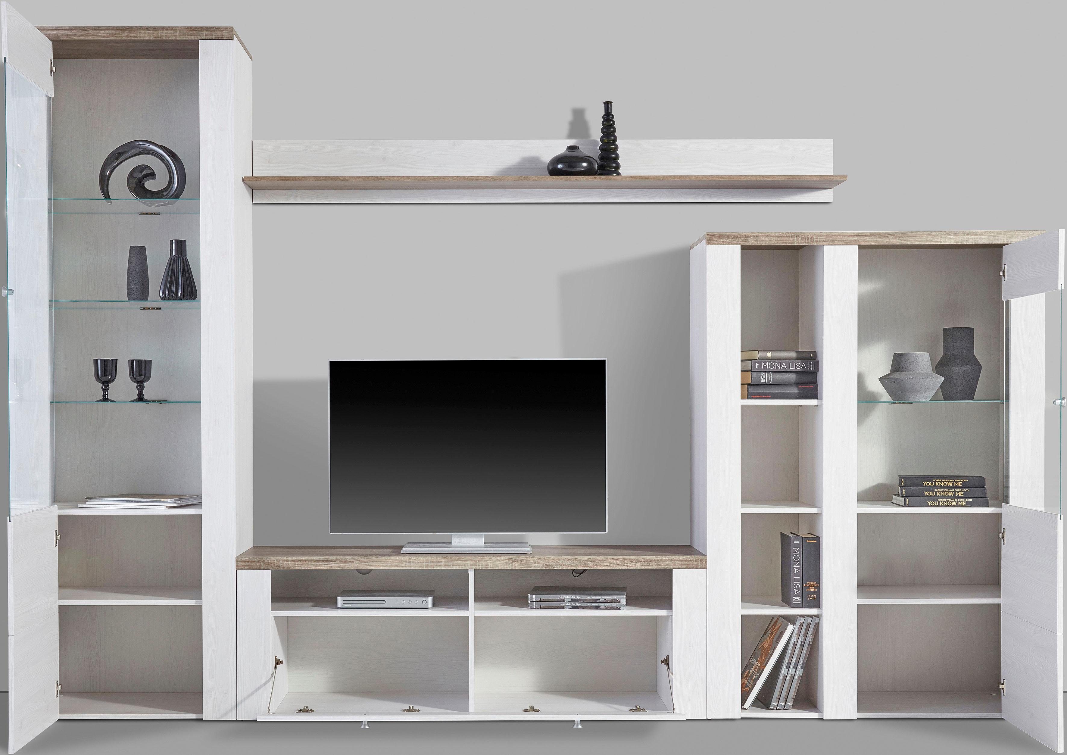 Home affaire Wandmeubel Larona, aanbouwwand, set van 4 delen bestaande uit 1 tv-board, 1 highboard, 1 vitrine, 1 wandplank (set, 4 stuks)