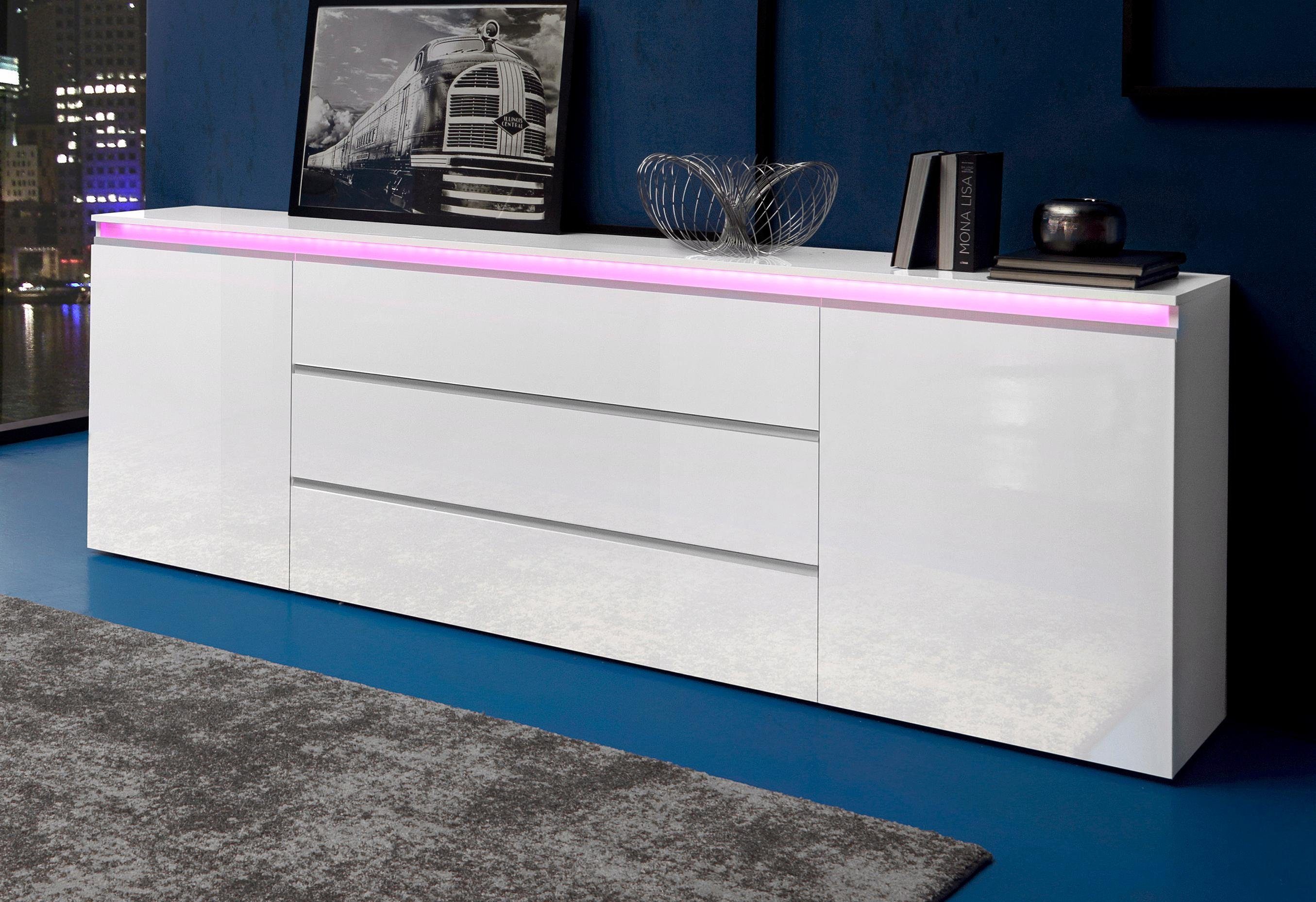 INOSIGN Dressoir Magic, commode, kast, dressoir met 2 deuren en 3 lades hoogglans gelakt (b/d/h) 240x40x80 cm
