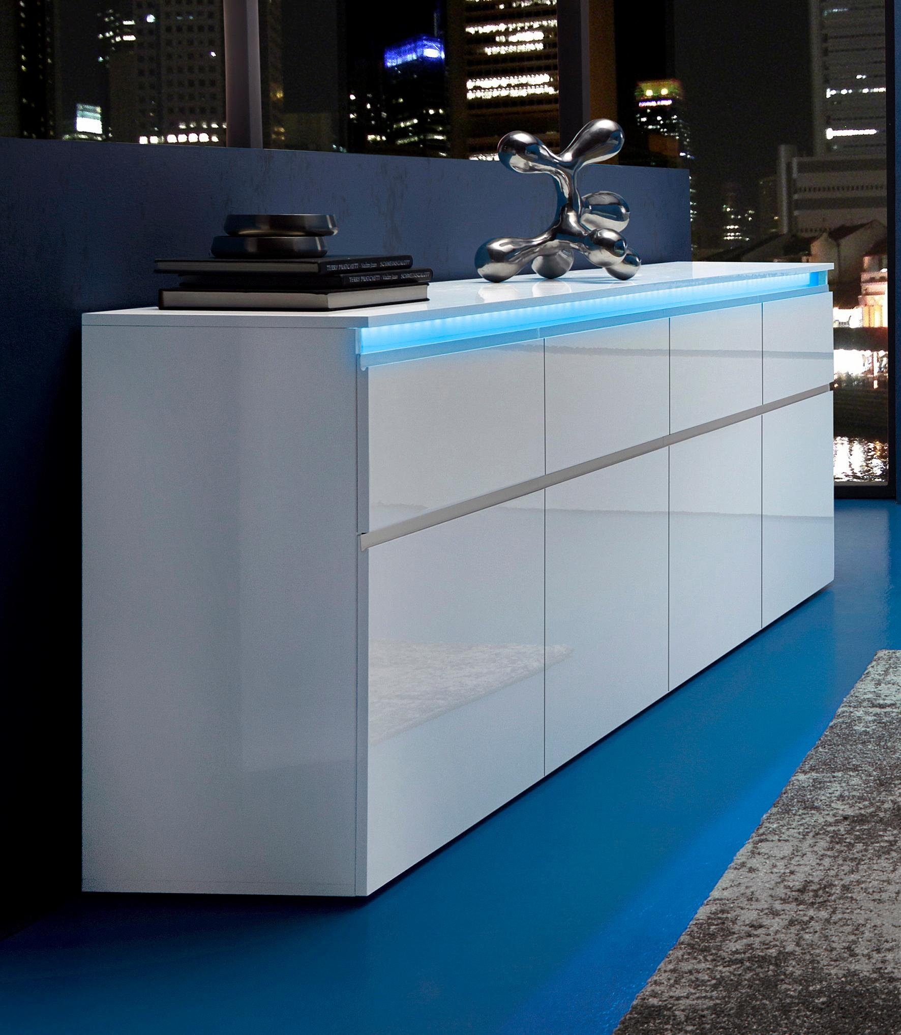 INOSIGN Dressoir Magic, commode, kast, dressoir met 4 deuren, 4 lades en aluminiumkleurige softgrepen, breedte 240 cm dressoirs maat 240x40x81 cm wit