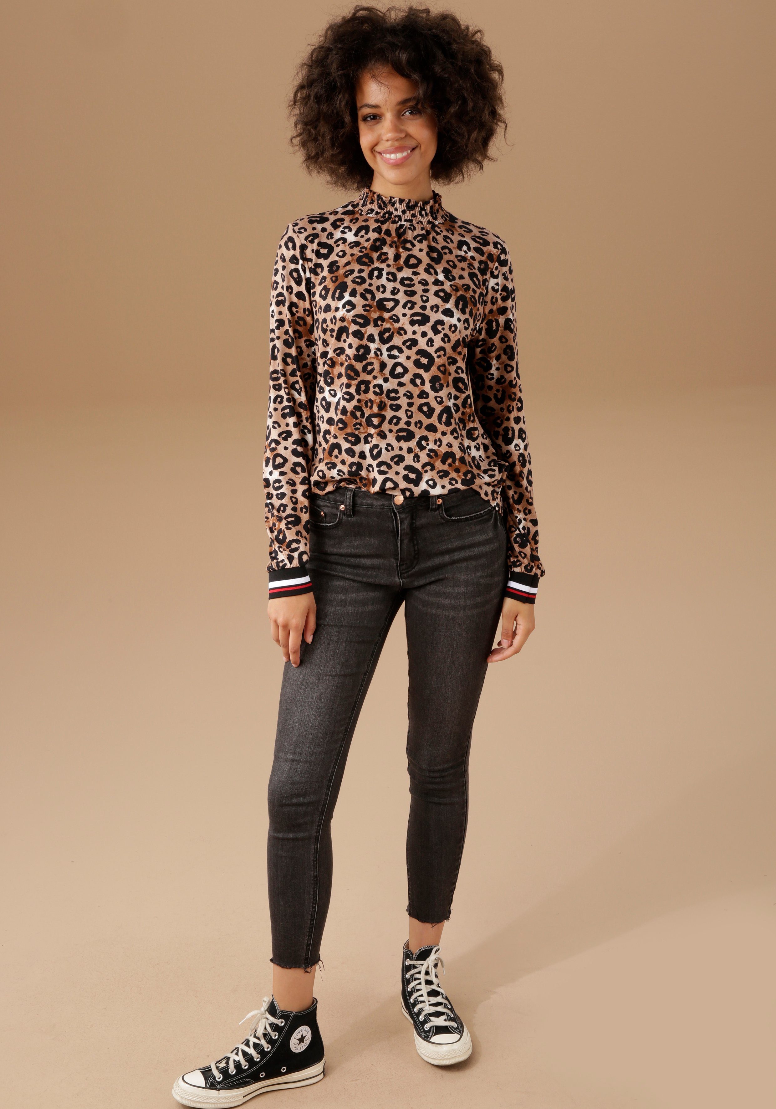 Aniston CASUAL Shirt met lange mouwen met trendy animal-print en gestreepte boord