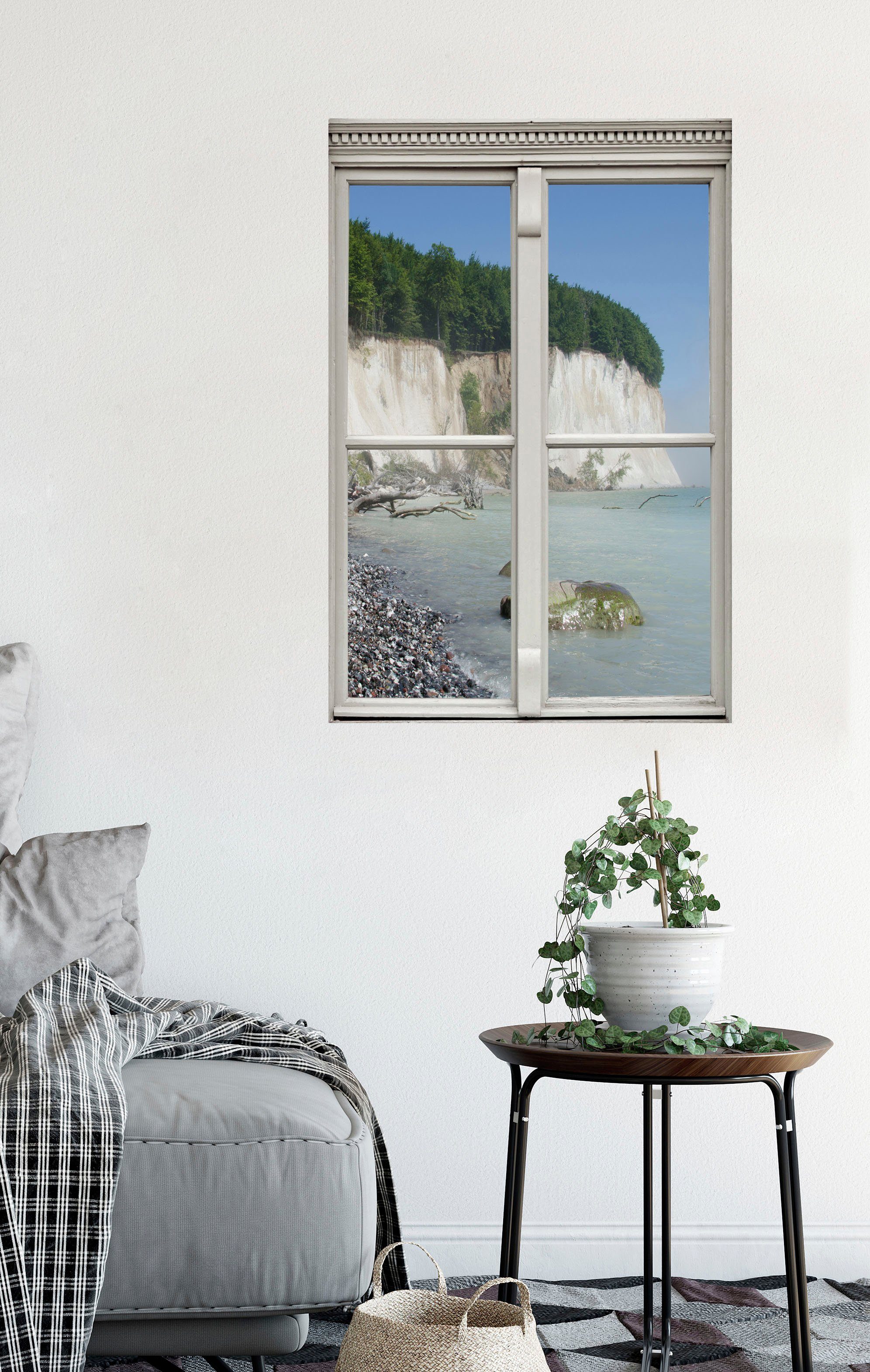 queence Wandfolie Keienstrand Muursticker, muurdecoratie, zelfklevend, 3D, raam