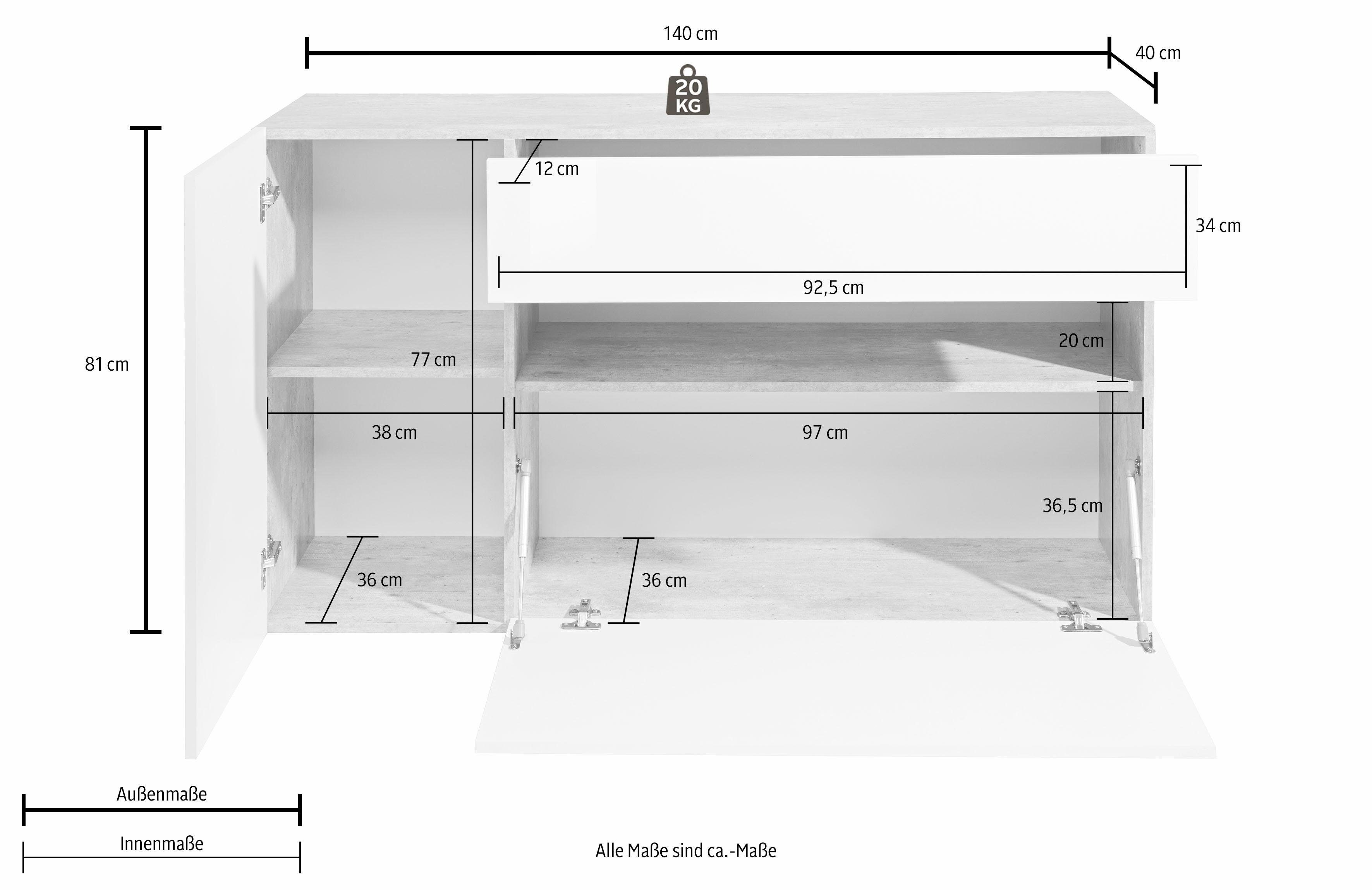 INOSIGN Dressoir Potenza, kast, kast 1x deur, 1x klep, 1x lade, breedte 140 cm, zonder verlichting