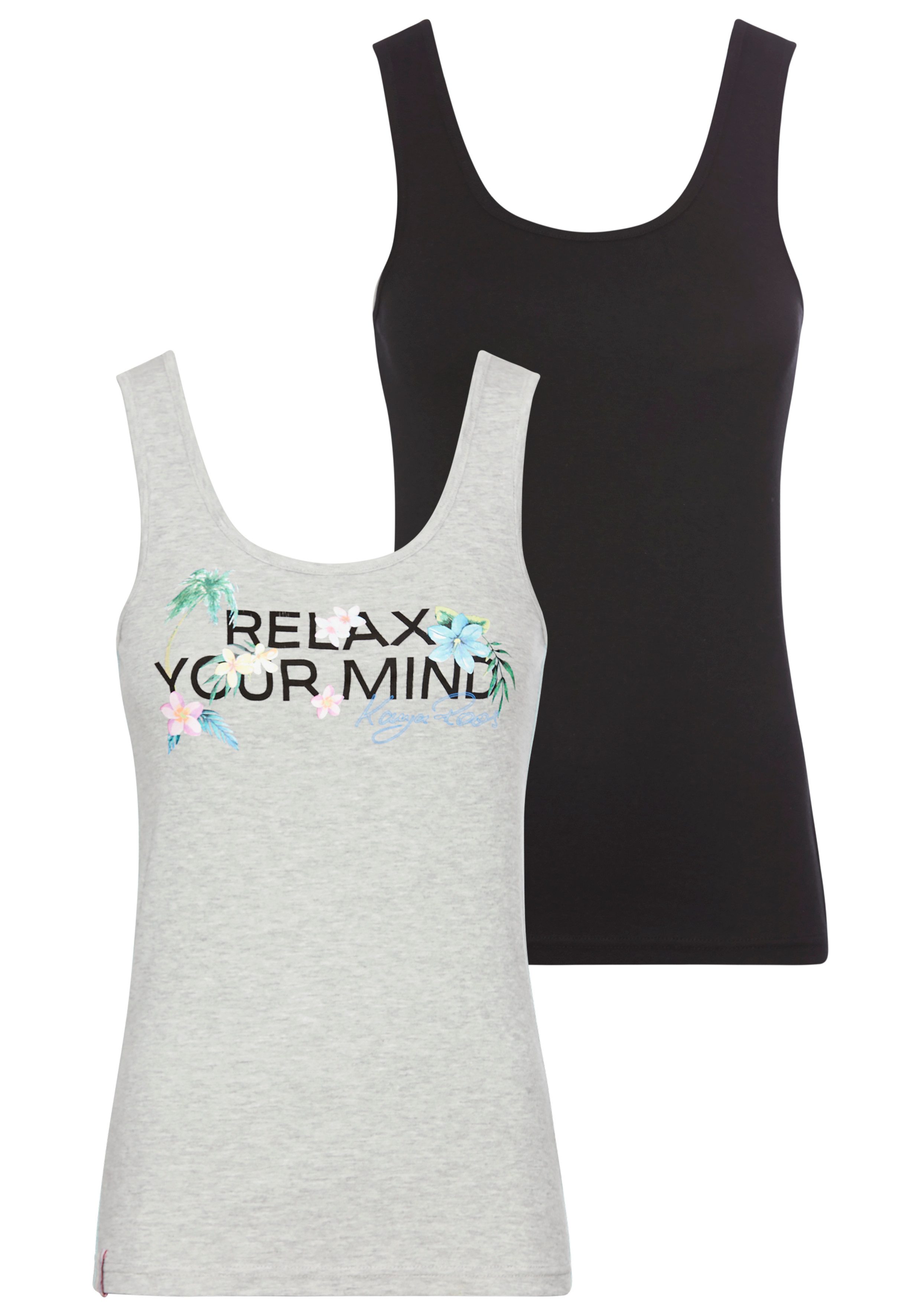 KangaROOS Tanktop 1x met frontprint, 1x effen (2-delig, Set van 2) dames tanktops maat 36/38 (S) grijs
