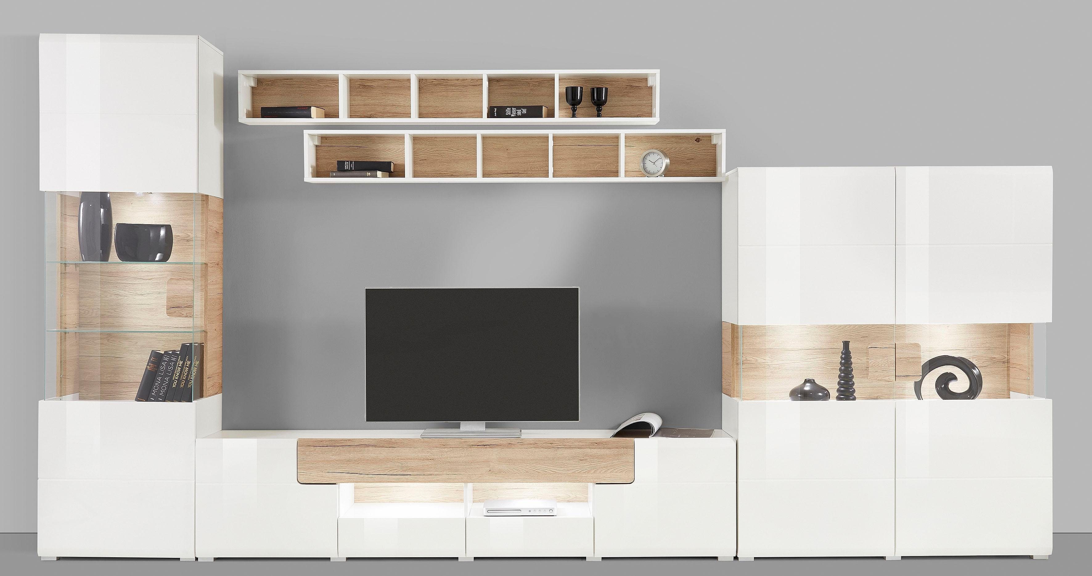 INOSIGN Wandmeubel Toledo, breedte 391cm stijlvolle mediawand zonder verlichting Opbouwwand (vitrine, lowboard, highboard, 2x hangplank) MDF hoogglans fronten (set, 5 stuks)