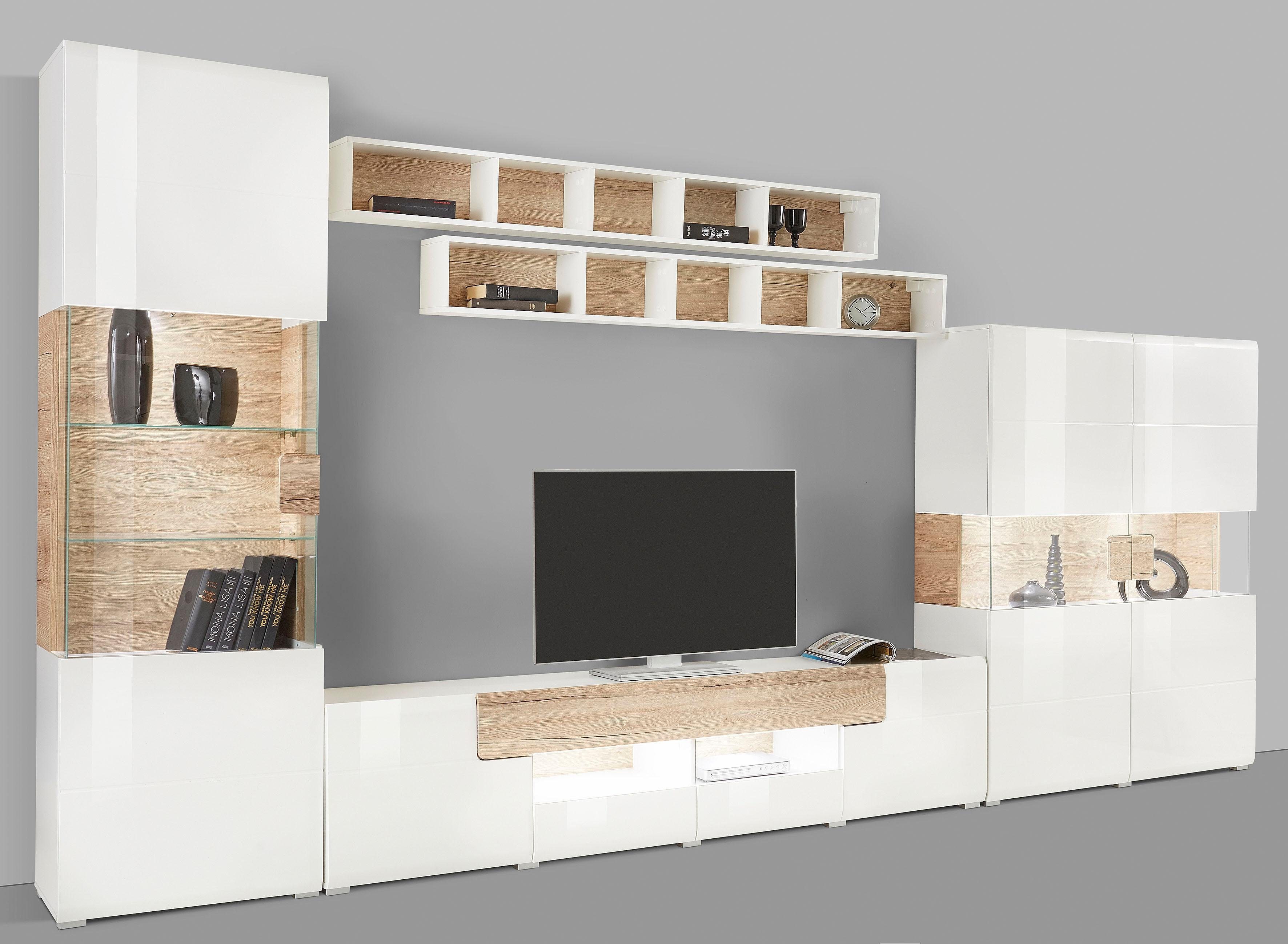 INOSIGN Wandmeubel Toledo, breedte 391cm stijlvolle mediawand zonder verlichting Opbouwwand (vitrine, lowboard, highboard, 2x hangplank) MDF hoogglans fronten (set, 5 stuks)