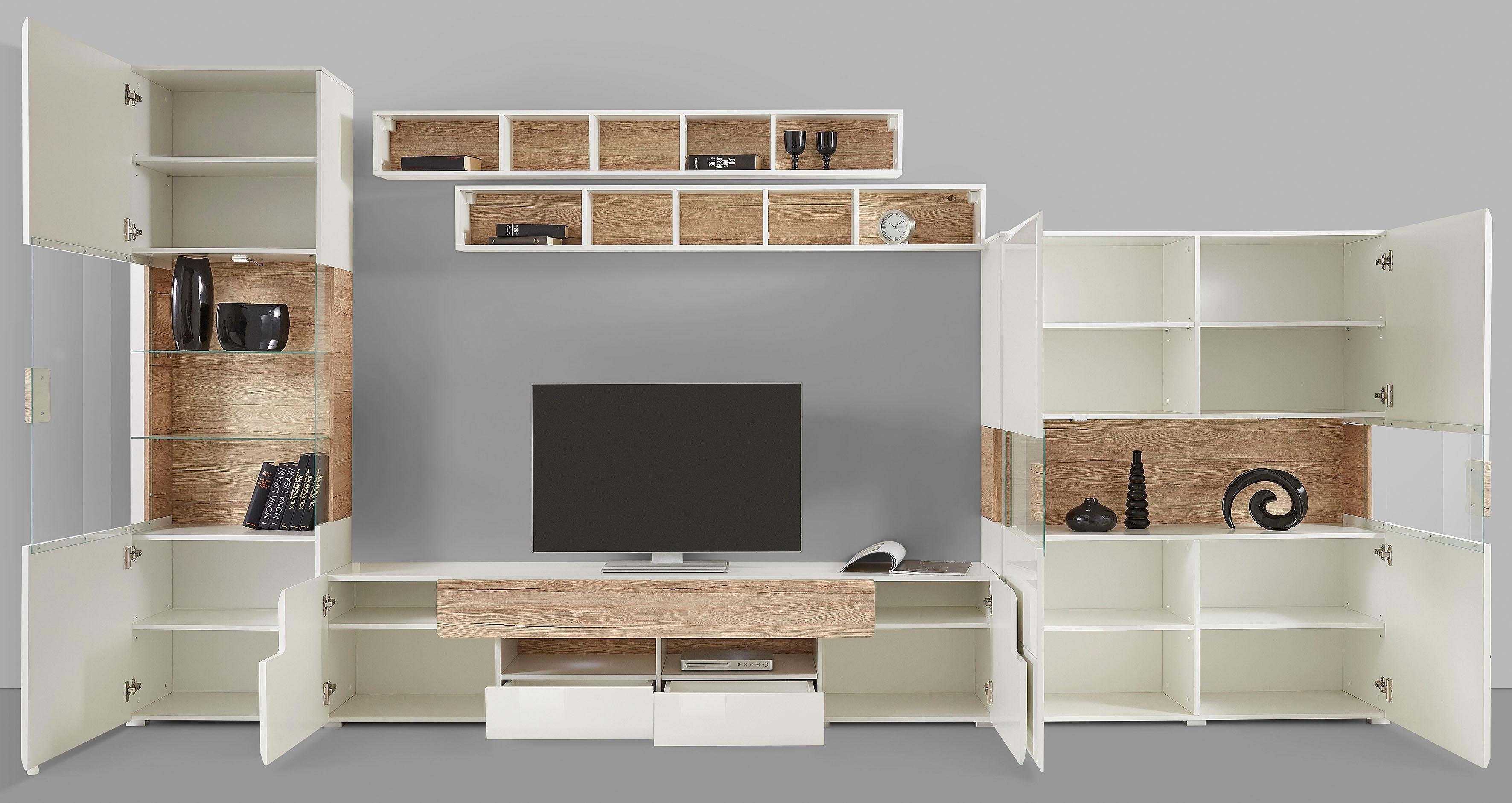 INOSIGN Wandmeubel Toledo, breedte 391cm stijlvolle mediawand zonder verlichting Opbouwwand (vitrine, lowboard, highboard, 2x hangplank) MDF hoogglans fronten (set, 5 stuks)