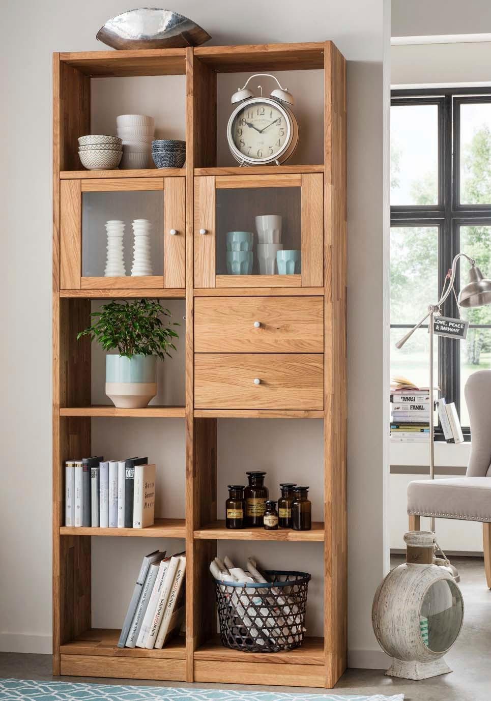 Home affaire Staand rek van massief wildeiken, met vele opbergmogelijkheden, hoogte 202 cm rekken maat 92x34x202 cm beige