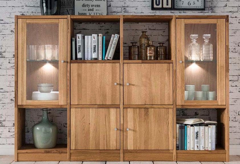 Home affaire Rek Ecko van massief wildeiken, breedte 181 cm, incl. verlichting rekken maat 181x34x125 cm beige