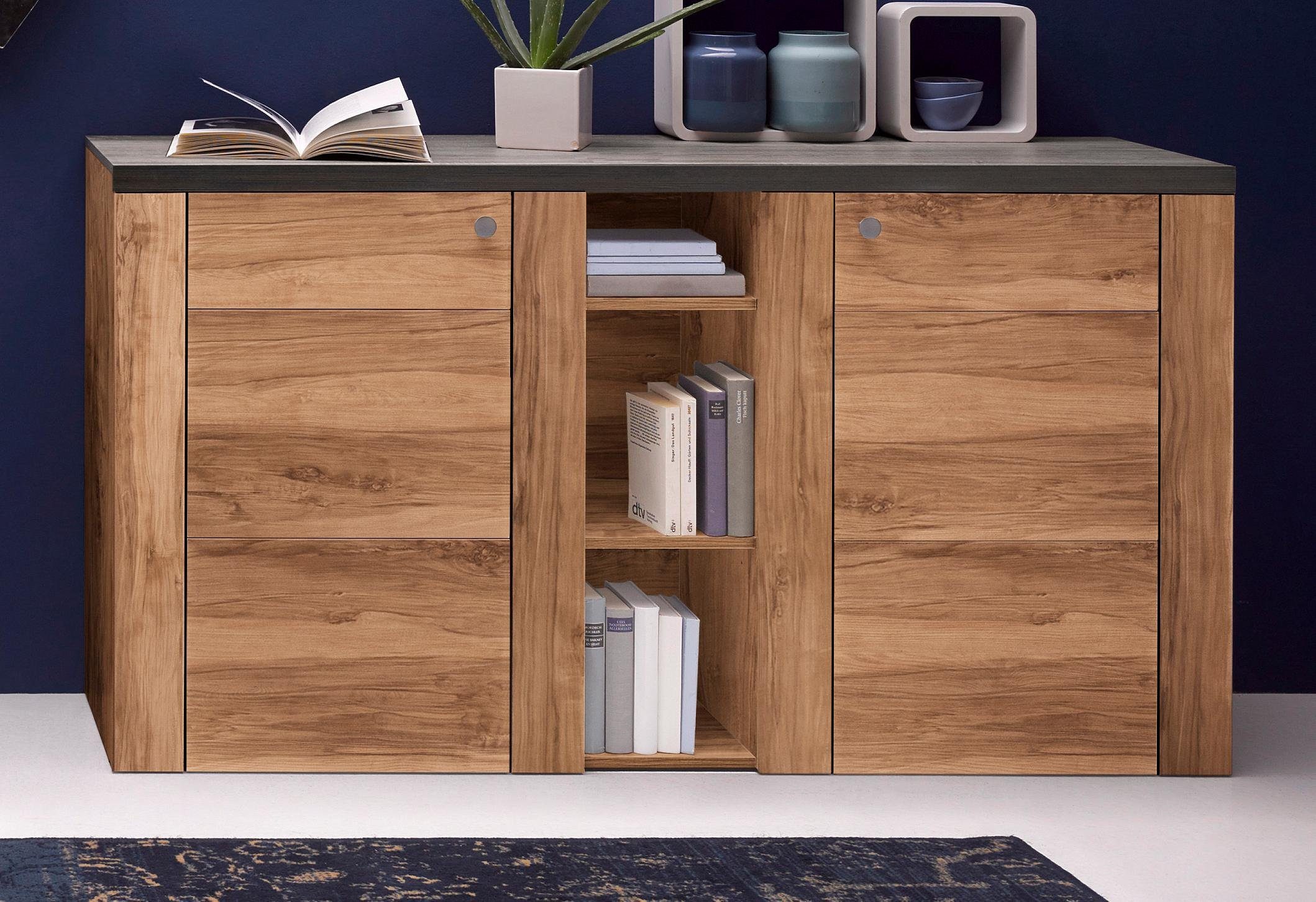 Home affaire Dressoir Larona, tijdloze commode met 2 deuren, deurkast, breedte 155 cm, Hoogte 84 cm, veel opbergruimte, dressoir met decoratieve lijstlook