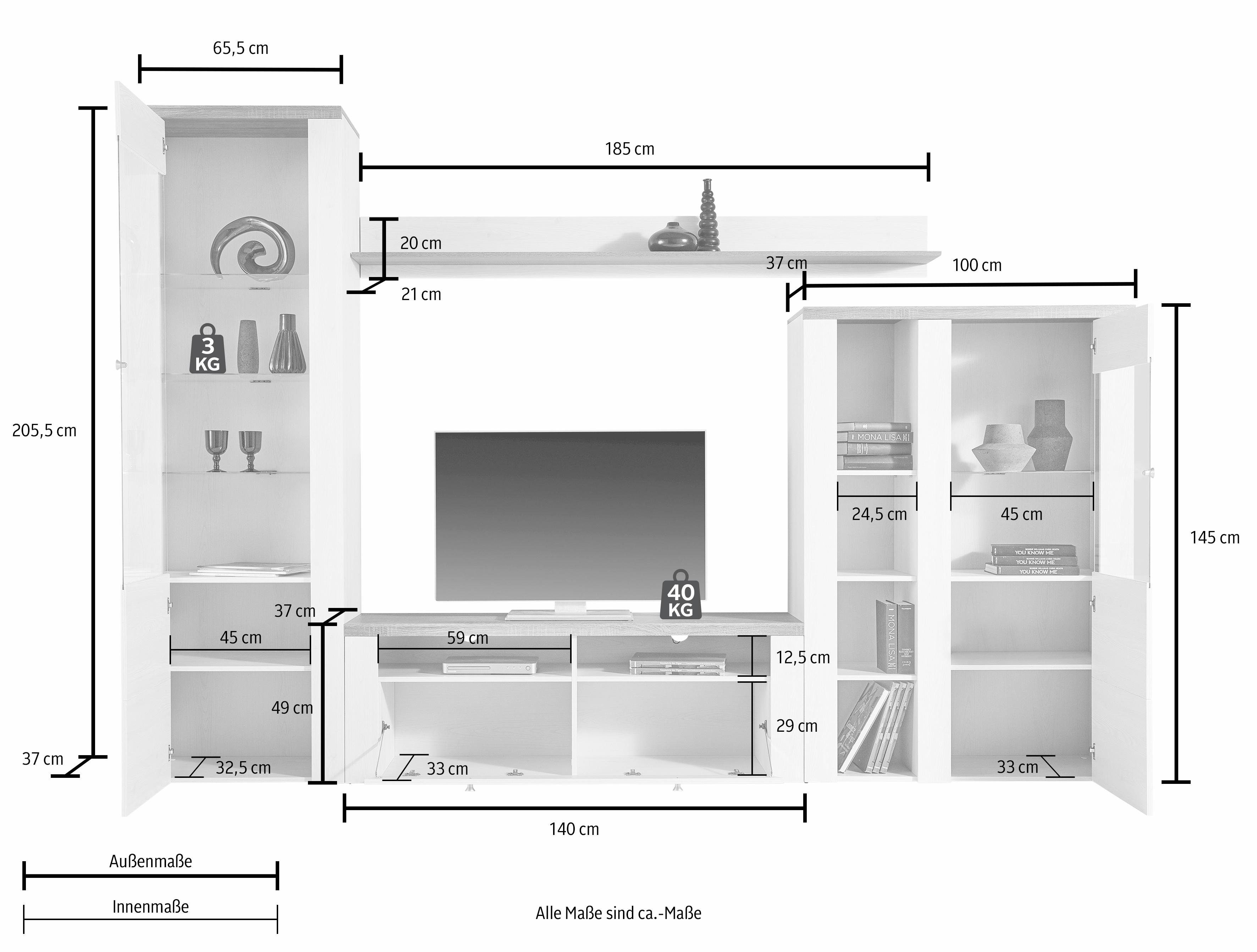 Home affaire Wandmeubel Larona, aanbouwwand, set van 4 delen bestaande uit 1 tv-board, 1 highboard, 1 vitrine, 1 wandplank (set, 4 stuks)
