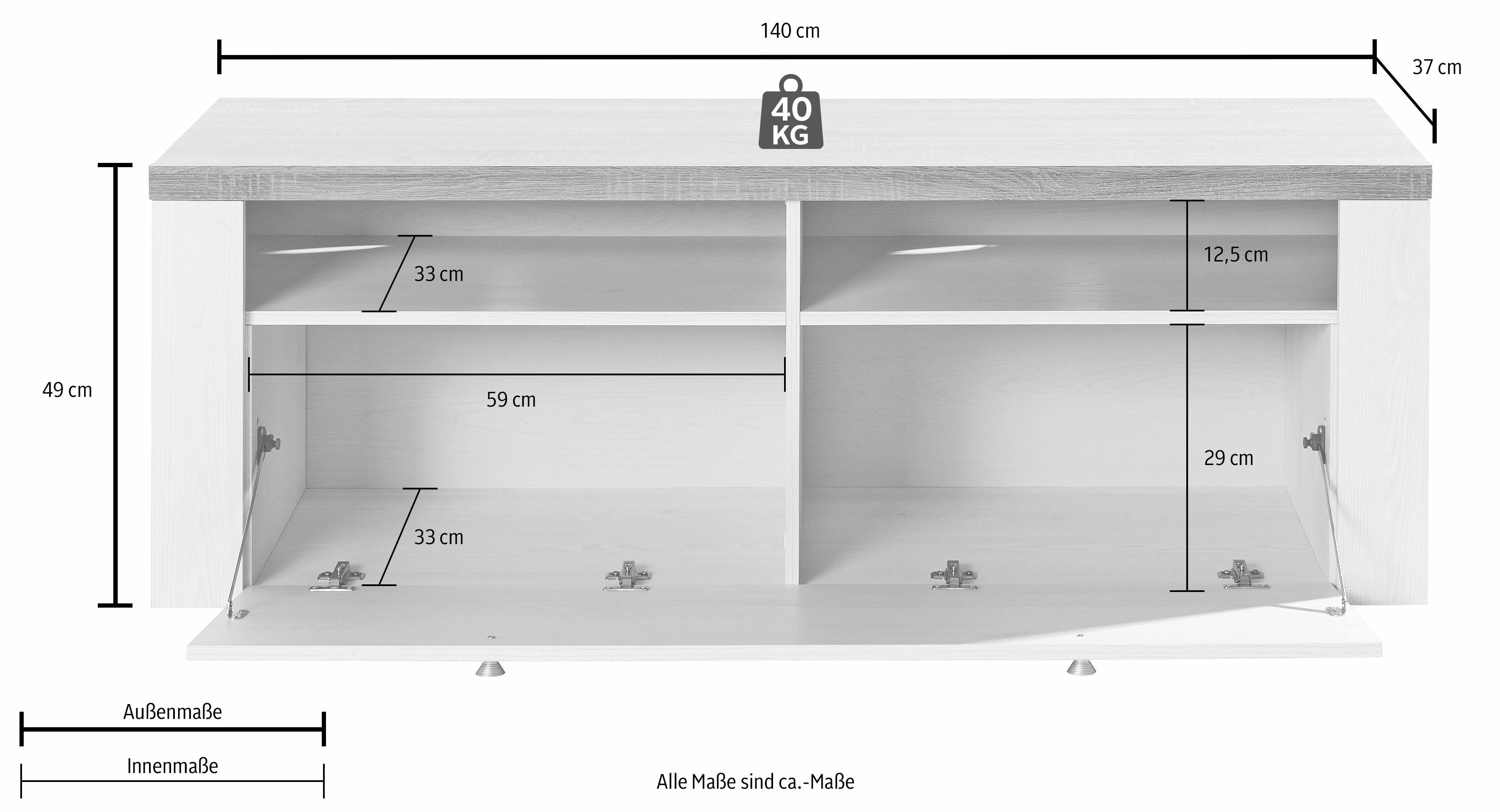 Home affaire Tv-meubel Larona, tijdloos TV-meubel met 1 klep en 2 open vakken Breedte 140 cm, tv-meubel, veel opbergruimte, decoratieve frame-look