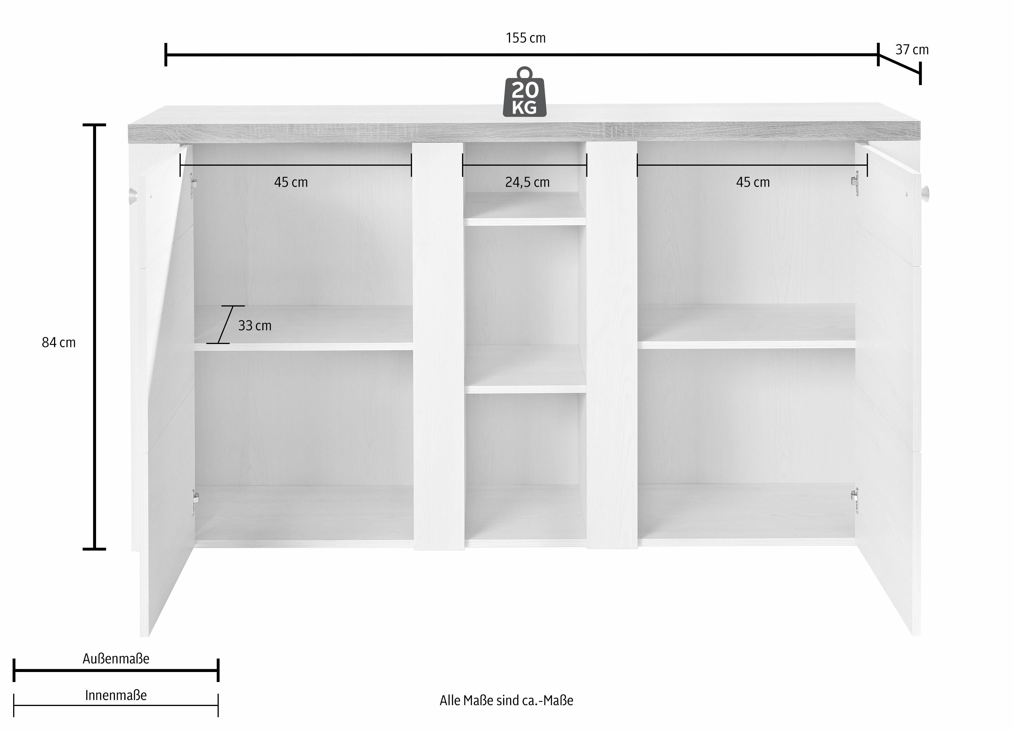 Home affaire Dressoir Larona, tijdloze commode met 2 deuren, deurkast, breedte 155 cm, Hoogte 84 cm, veel opbergruimte, dressoir met decoratieve lijstlook