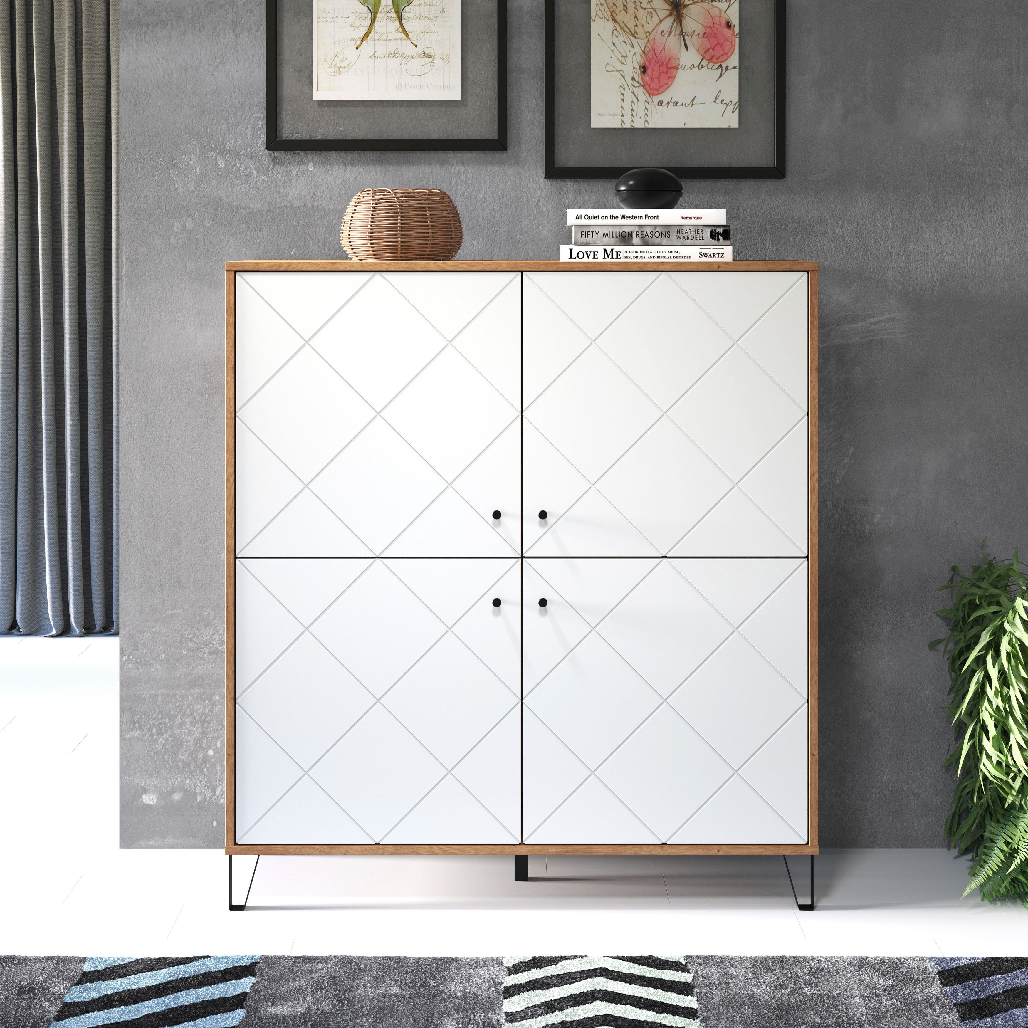 Places of Style Highboard Touch Opbergruimte kast, frezingen in ruitlook, 8 vakken, breedte 123 cm