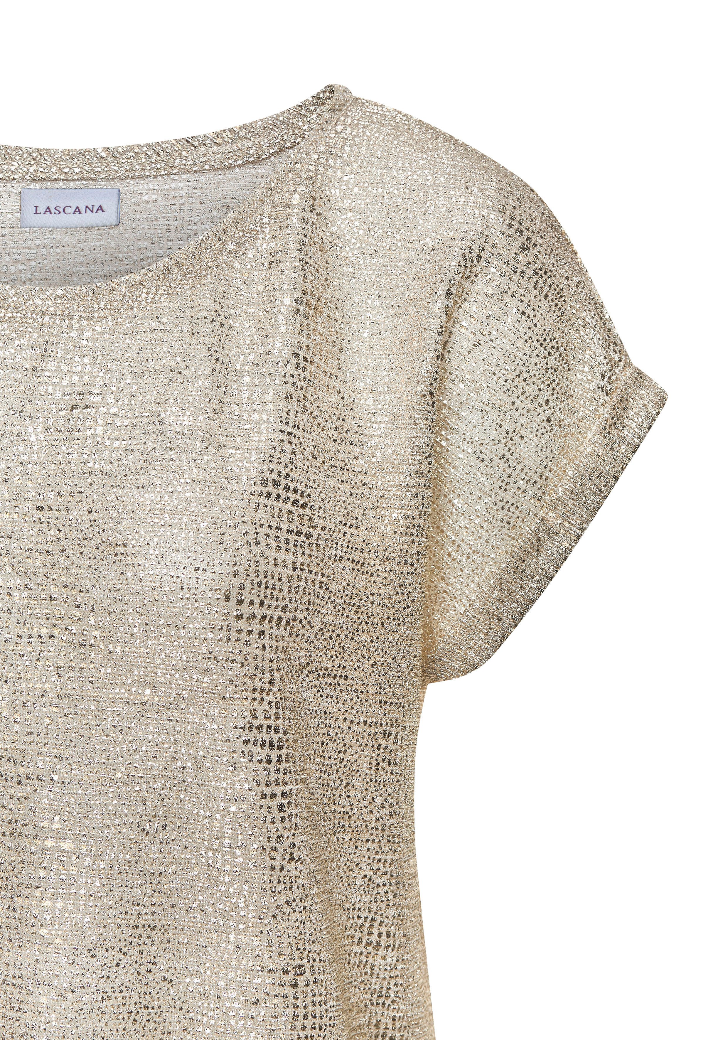Lascana Shirt met korte mouwen met goudkleurige alloverprint folieprint transparant feestelijk