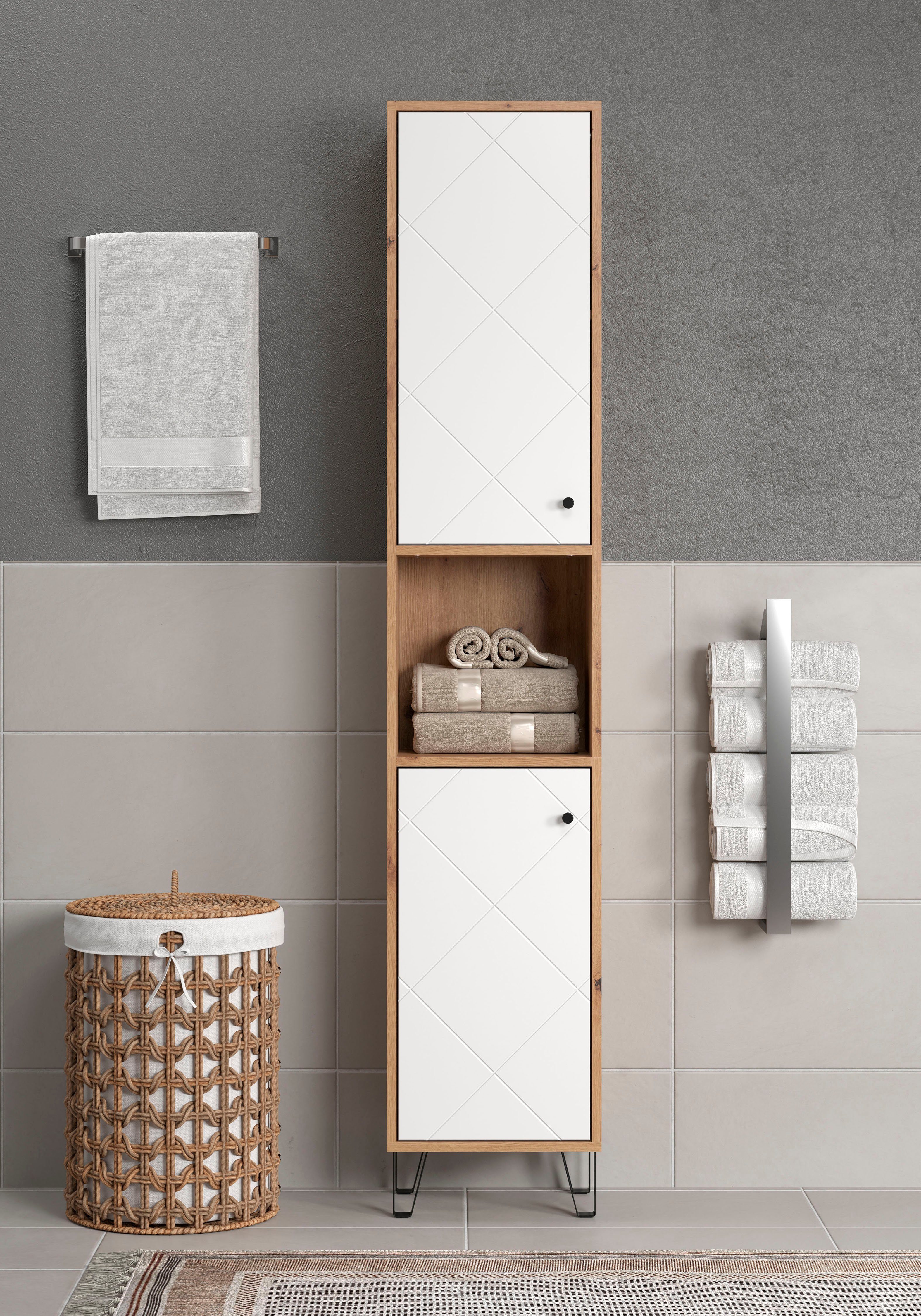 Places of Style Hoge kast Tarragona Breedte 36 cm, 2 deuren, retro metalen poten, mat, bruine hout-look / wit (1 stuk)