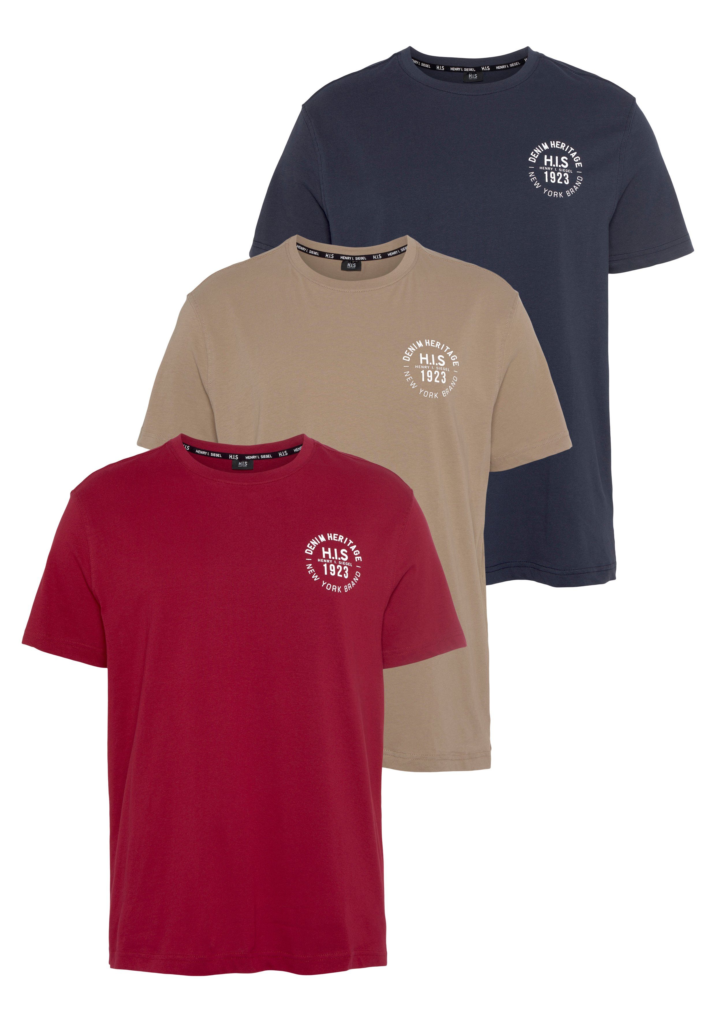H.I.S T-shirt smal gesneden, bedrukt ontwerp, van 100% katoen (3-delig, Set van 3) heren t-shirts maat S (44/46) blauw