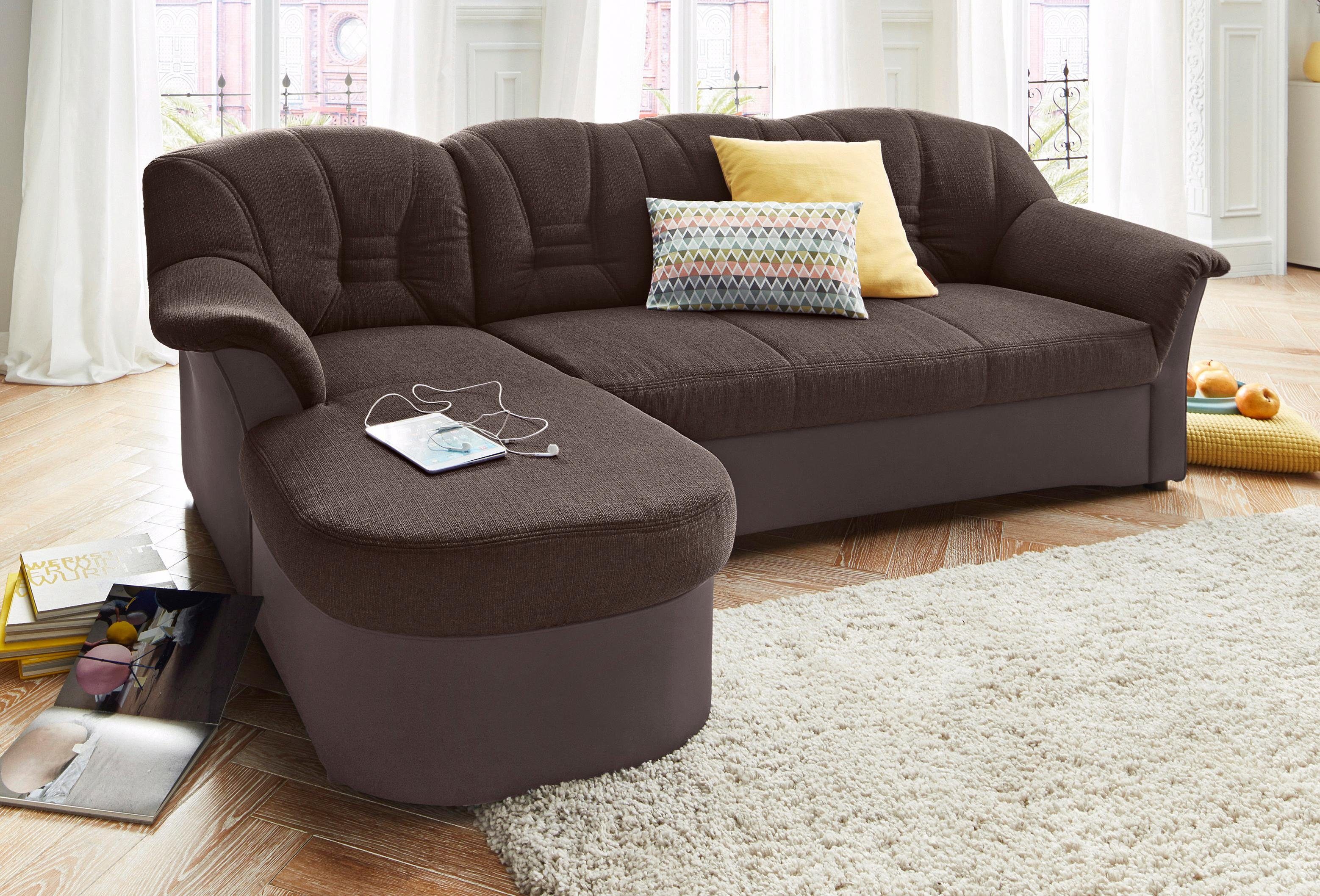 DOMO collection Hoekbank Elva, tijdloze vormtaal, elegante rugstiksels, L-vorm bruin, hoekbanken, Breedte ligoppervlak: 112 cm, Lengte ligoppervlak: