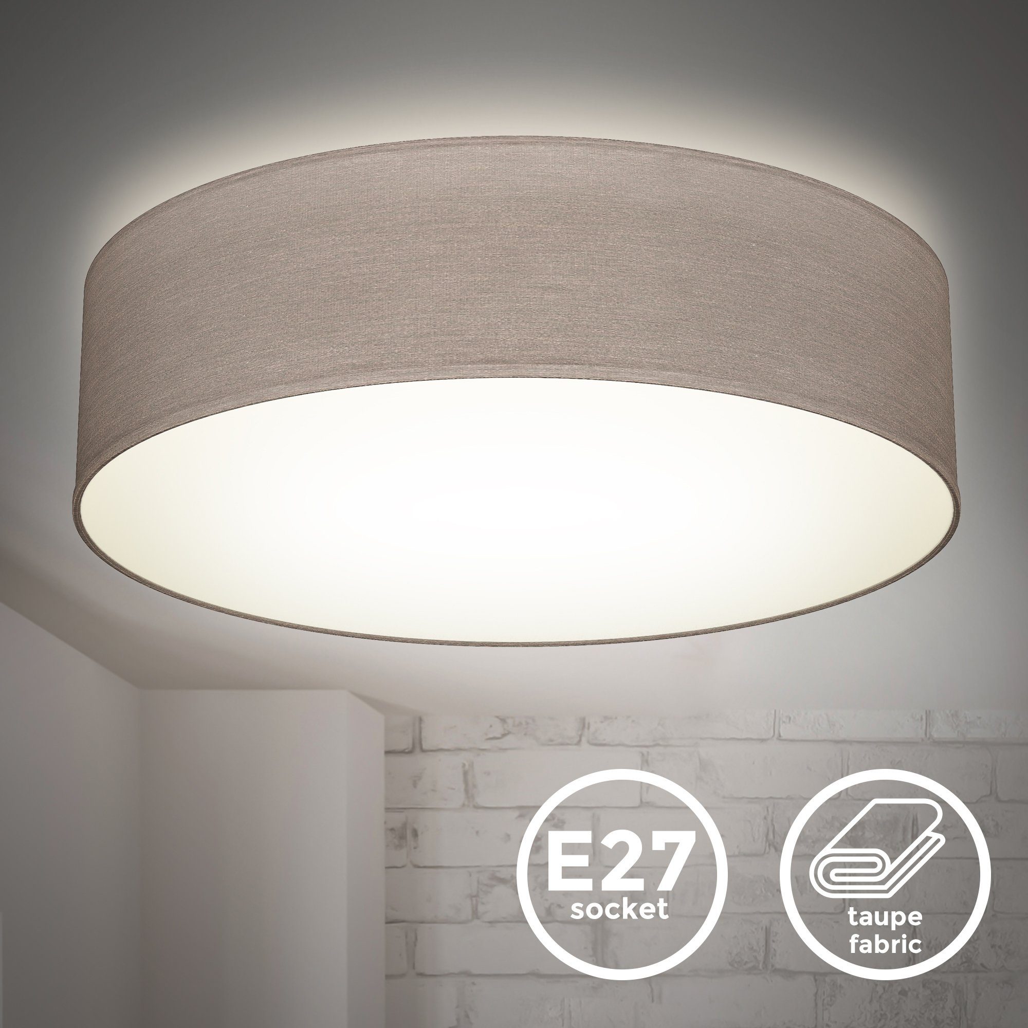 B.K.Licht Plafondlamp LED plafondlamp textielschaal woonkamer slaapkamer taupe 2xE27