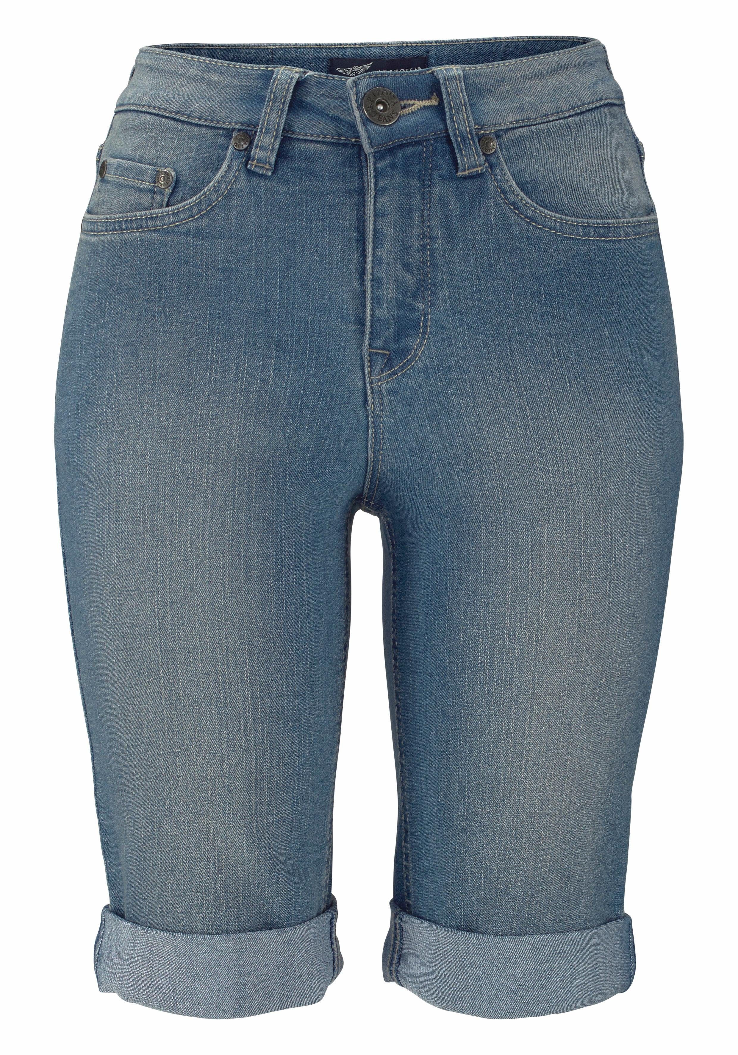 Arizona Jeansbermuda smalle pasvorm, opgerolde zoom, used-wassing, hoge taille