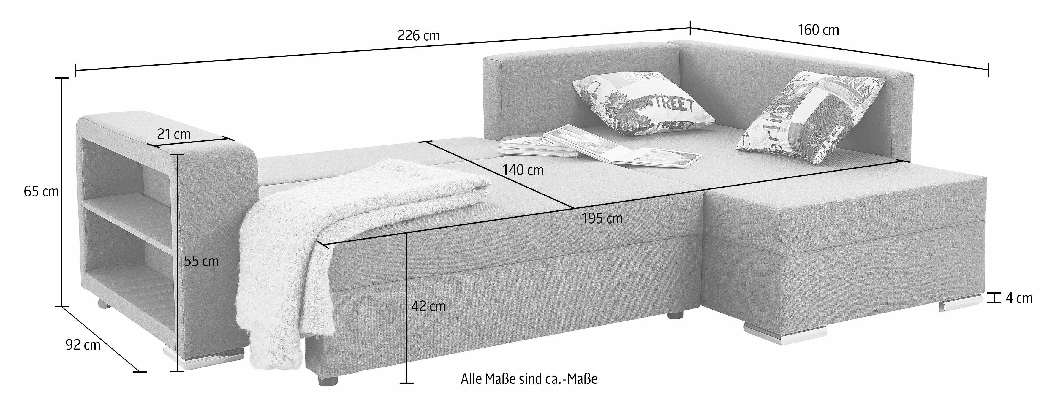 COLLECTION AB Hoekbank John L-vorm met bedfunctie, bedlade en geïntegreerd rek