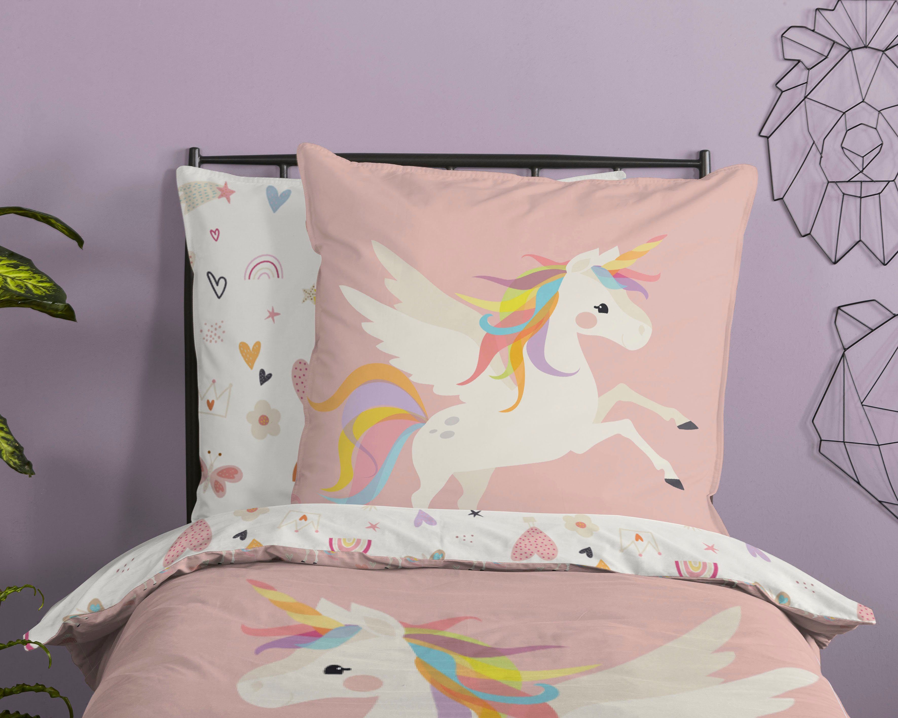 good morning Kinderovertrekset Unicorn Katoen, 135x200, Rits, Omkeerbaar, Meisje, Eenhoorn, Roze (2-delig)