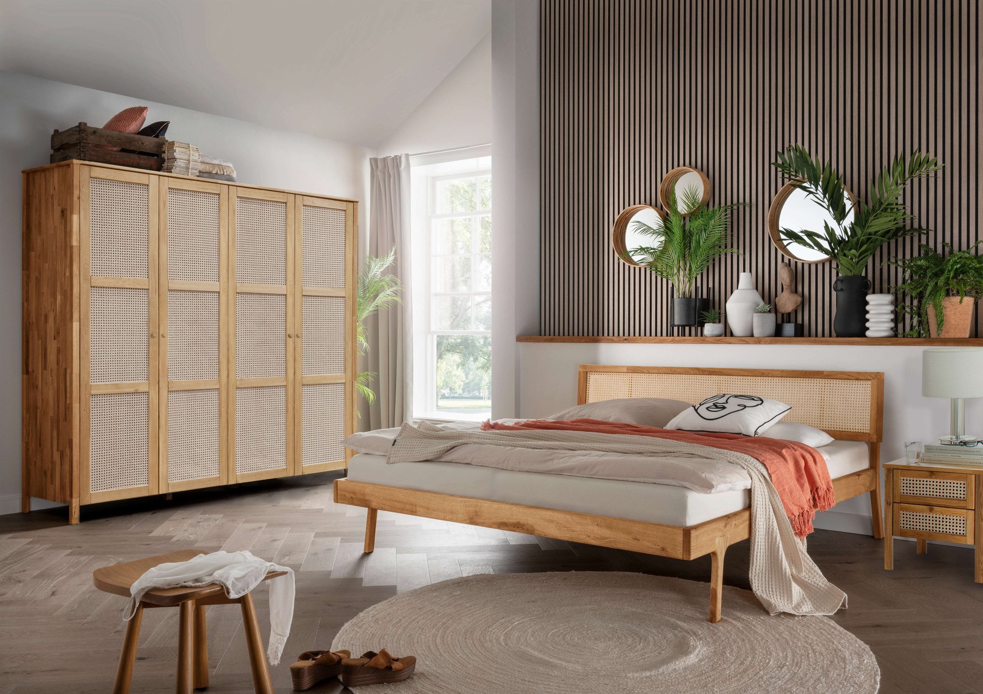 andas Bed Hällevik tweepersoonsbed, massief houten bed, OTTOs Choice, gezellige stijl massief fsc®-gecertificeerd eikenhout geolied, hoofdeinde met weens vlechtwerk
