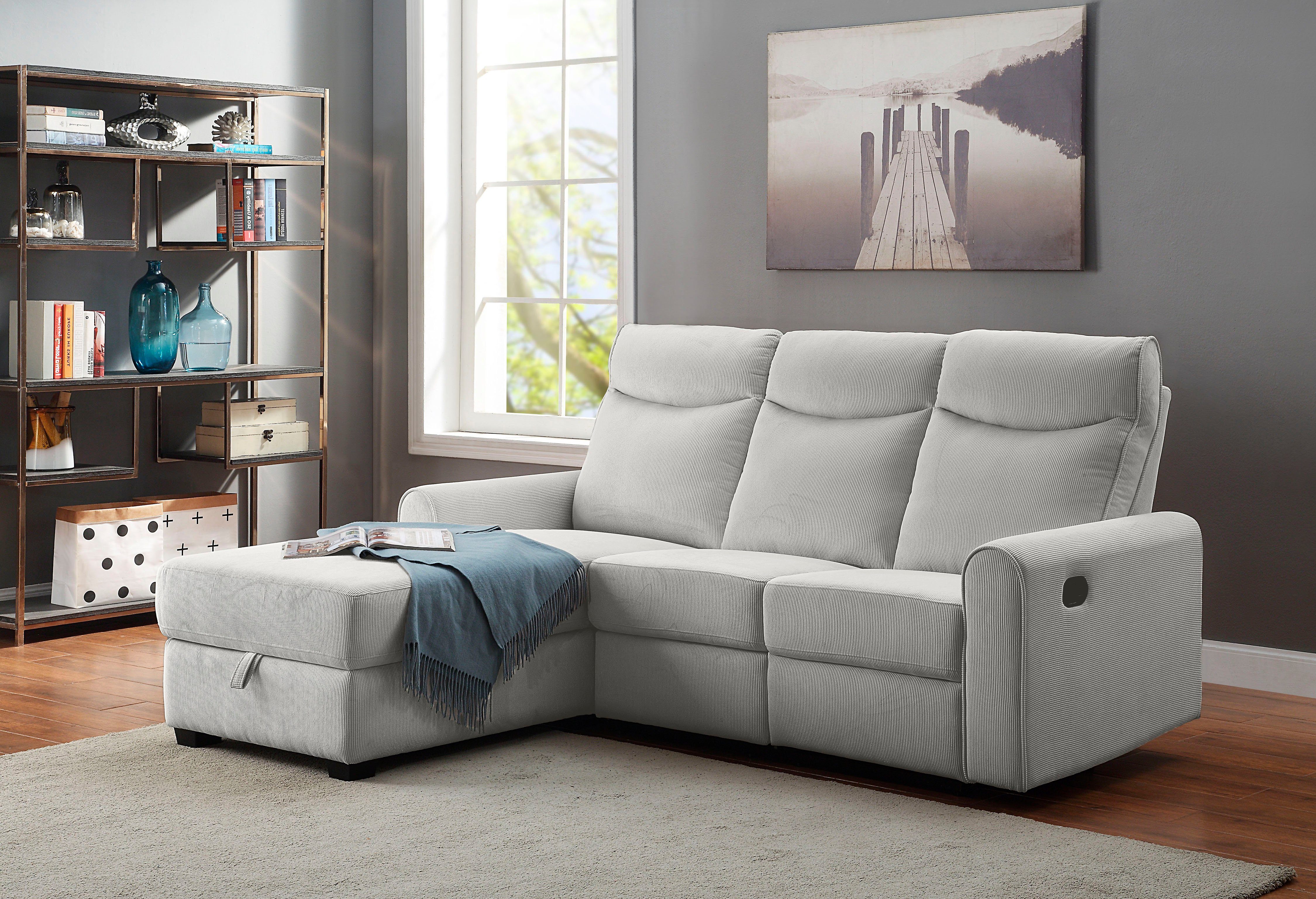 ATLANTIC home collection Hoekbank Gero L-vorm met relaxfunctie en bergruimte, met cordbekleding