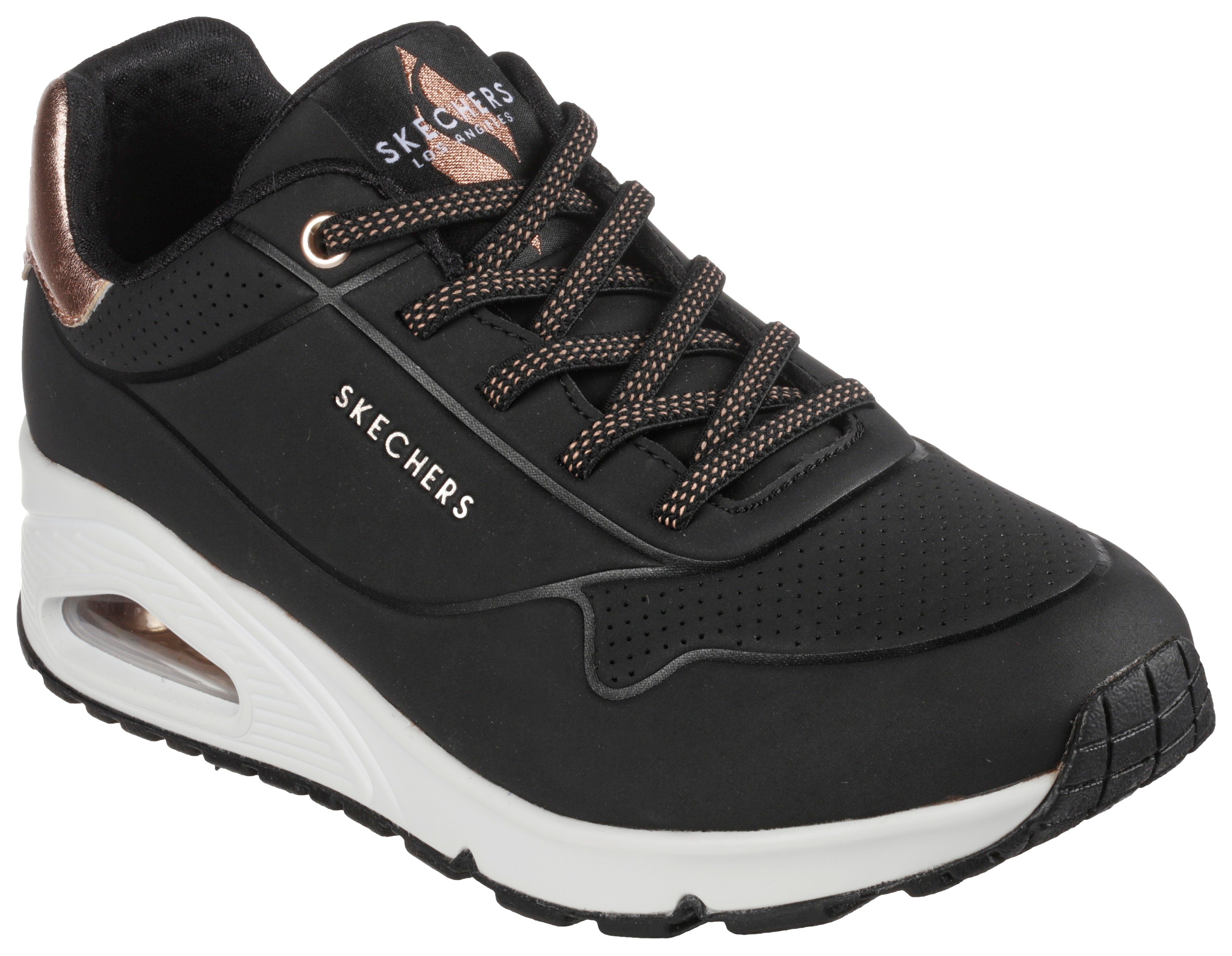 Skechers Slip-on sneakers UNO SHIMMER AWAY Slipper, vrijetijdsschoen, plateau sneaker met modieuze sleehak dames lage sneakers maat 37 EU zwart