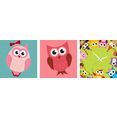 conni oberkircher´s wanddecoratie colours owl - veelkleurige uilen met decoratieve klok, artprint voor kinderen, dieren in het bos (set) multicolor