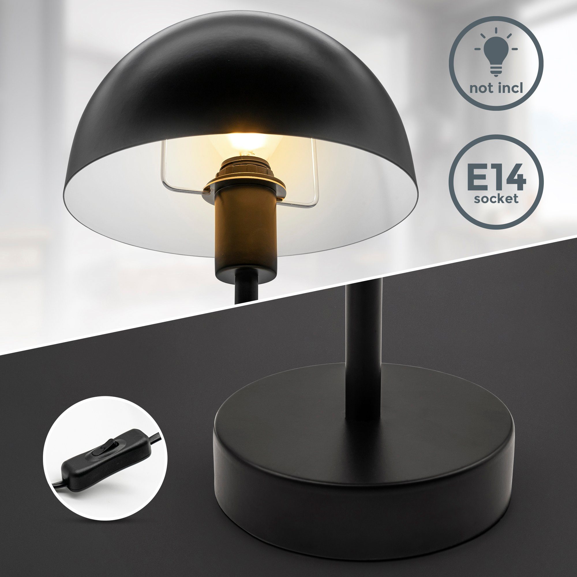 B.K.Licht Tafellamp BK_TL1529 Retro tafellamp, E14 fitting, mat zwart Nachttafellamp, bedlamp, kabelschakelaar, zonder lamp (max. 25W) (1 stuk)