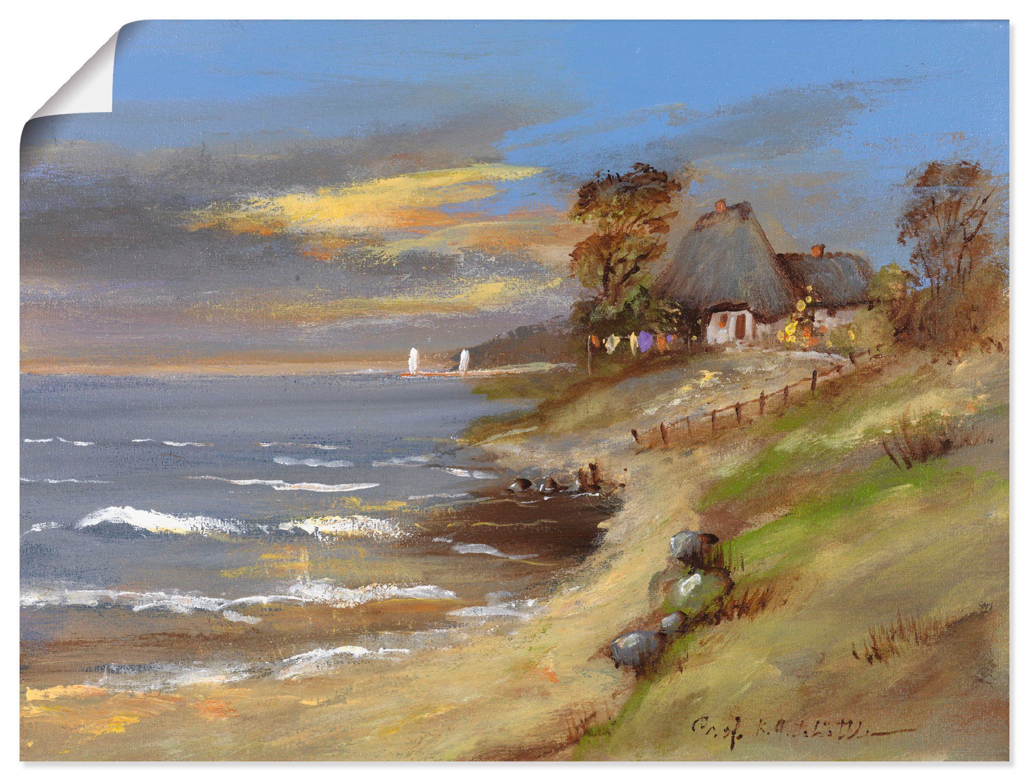 Artland Poster Wit huis met rieten dak aan de zee als artprint op linnen, muursticker of poster in verschillende maten